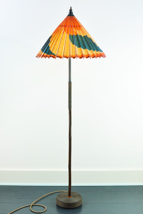 1933 Chicago 'World’s Fair' Black Bamboo Floor Lamp with Parasol Shade and Coiled Seagrass Base