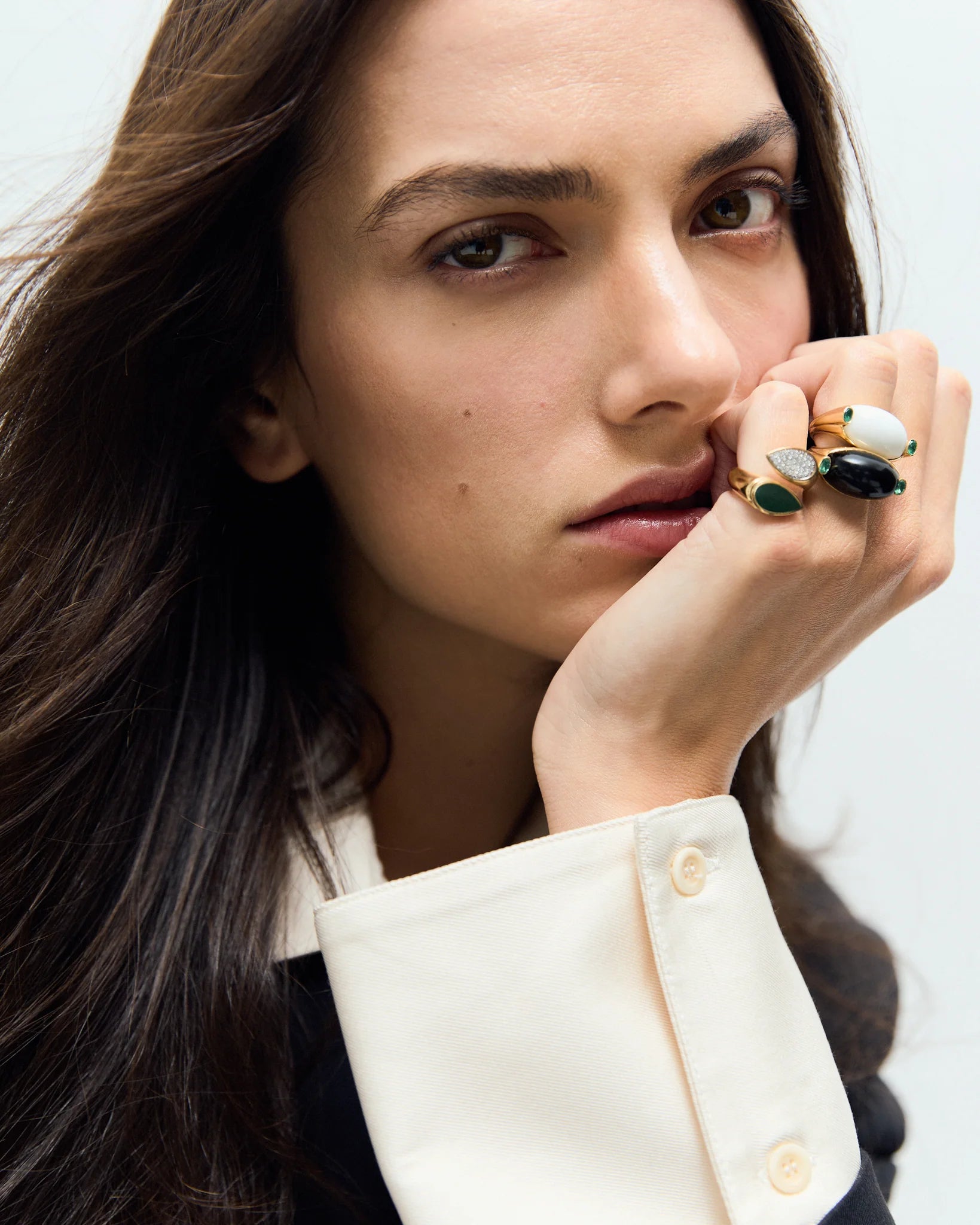 Oval White Agate and Emerald Signet Ring