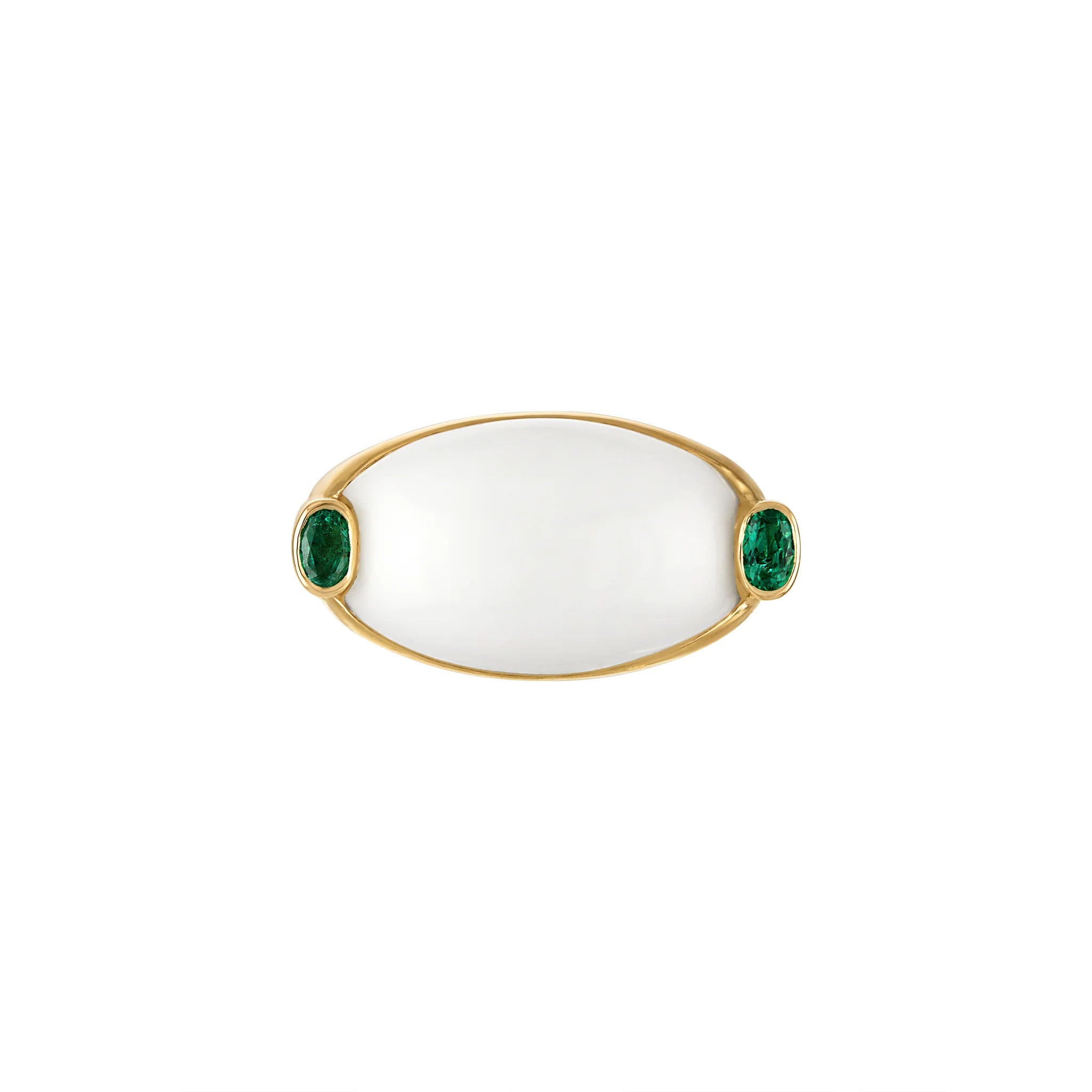 Oval White Agate and Emerald Signet Ring