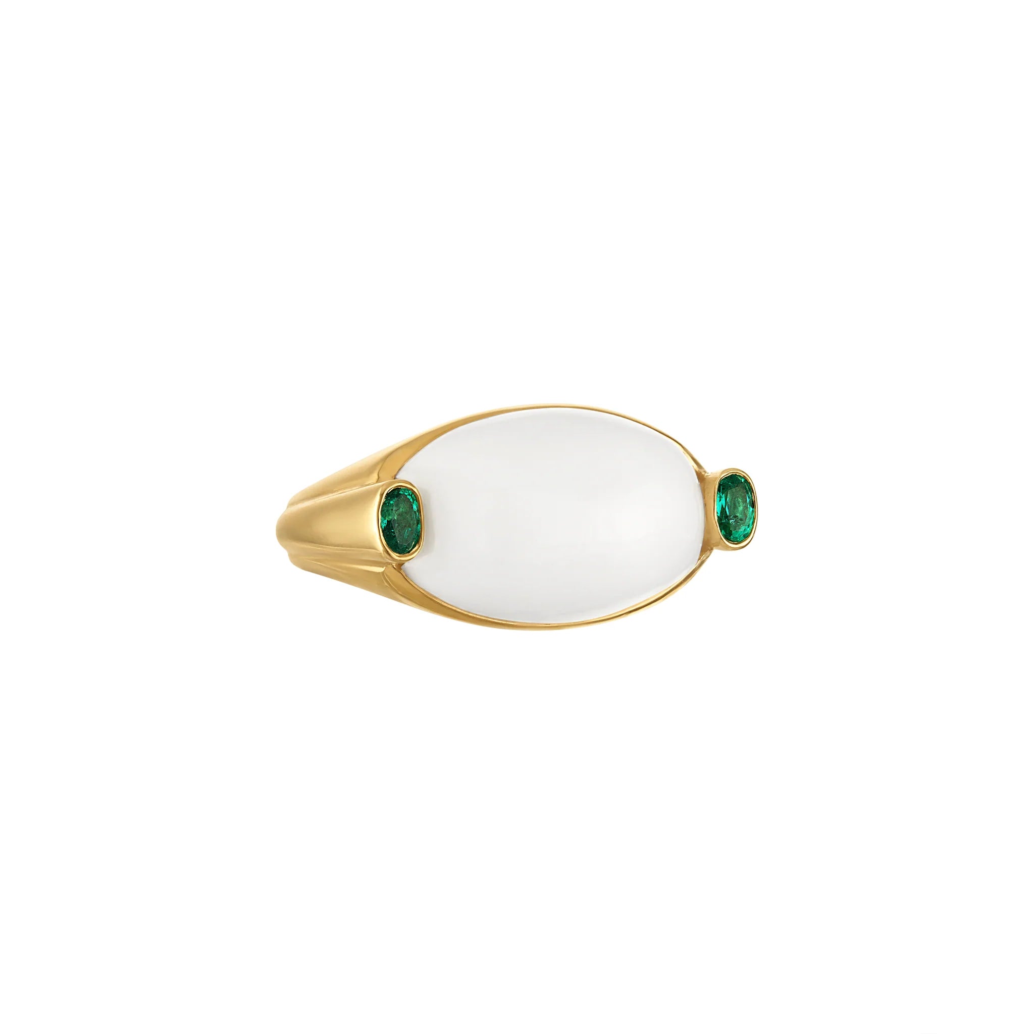 Oval White Agate and Emerald Signet Ring
