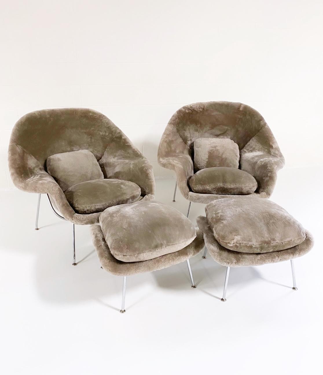 Bespoke Womb Chair and Ottoman in Shearling