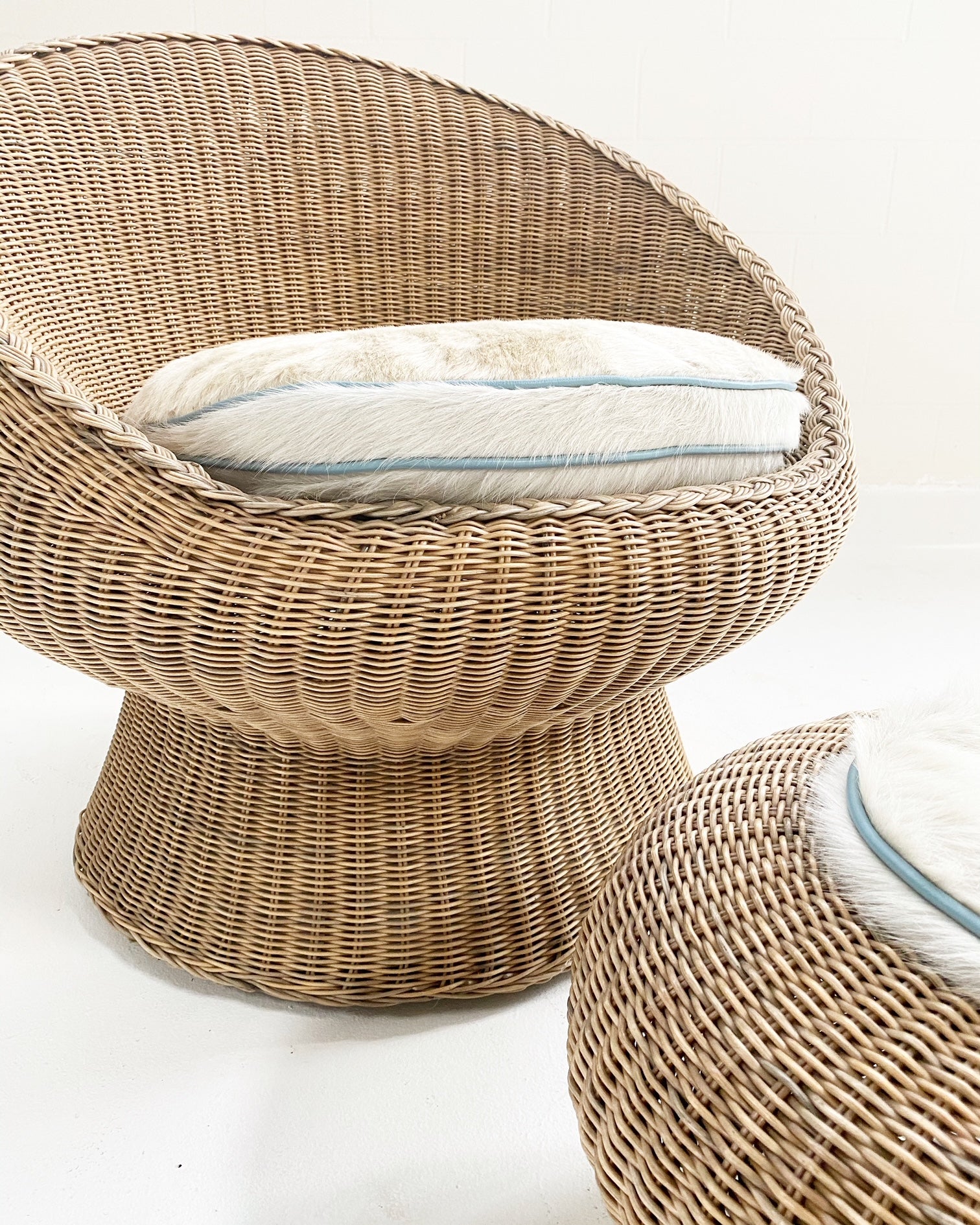 Rattan Chair and Ottoman Set with Custom Brazilian Cowhide and