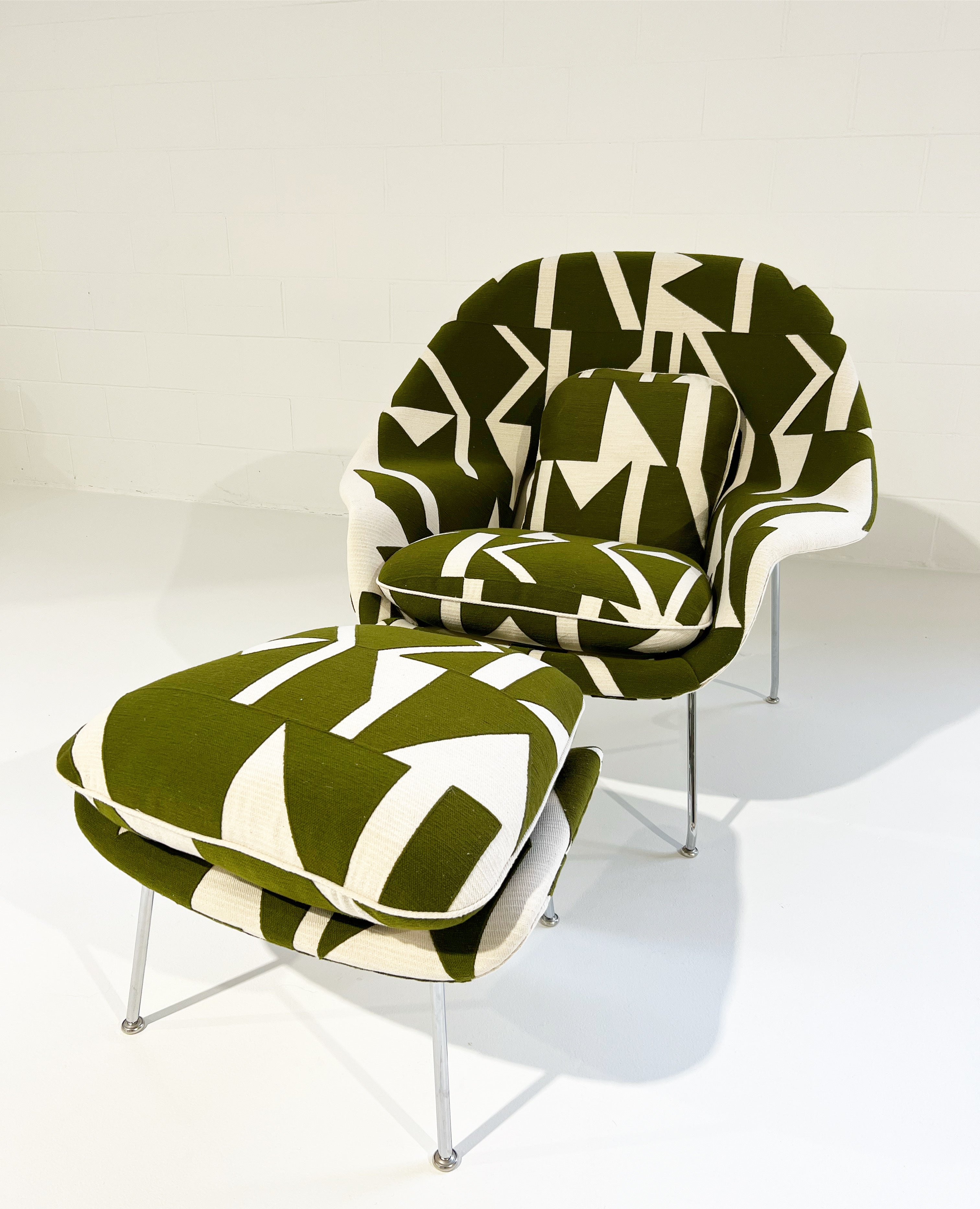 Bespoke Womb Chair and Ottoman in Pierre Frey Wokabi Fabric