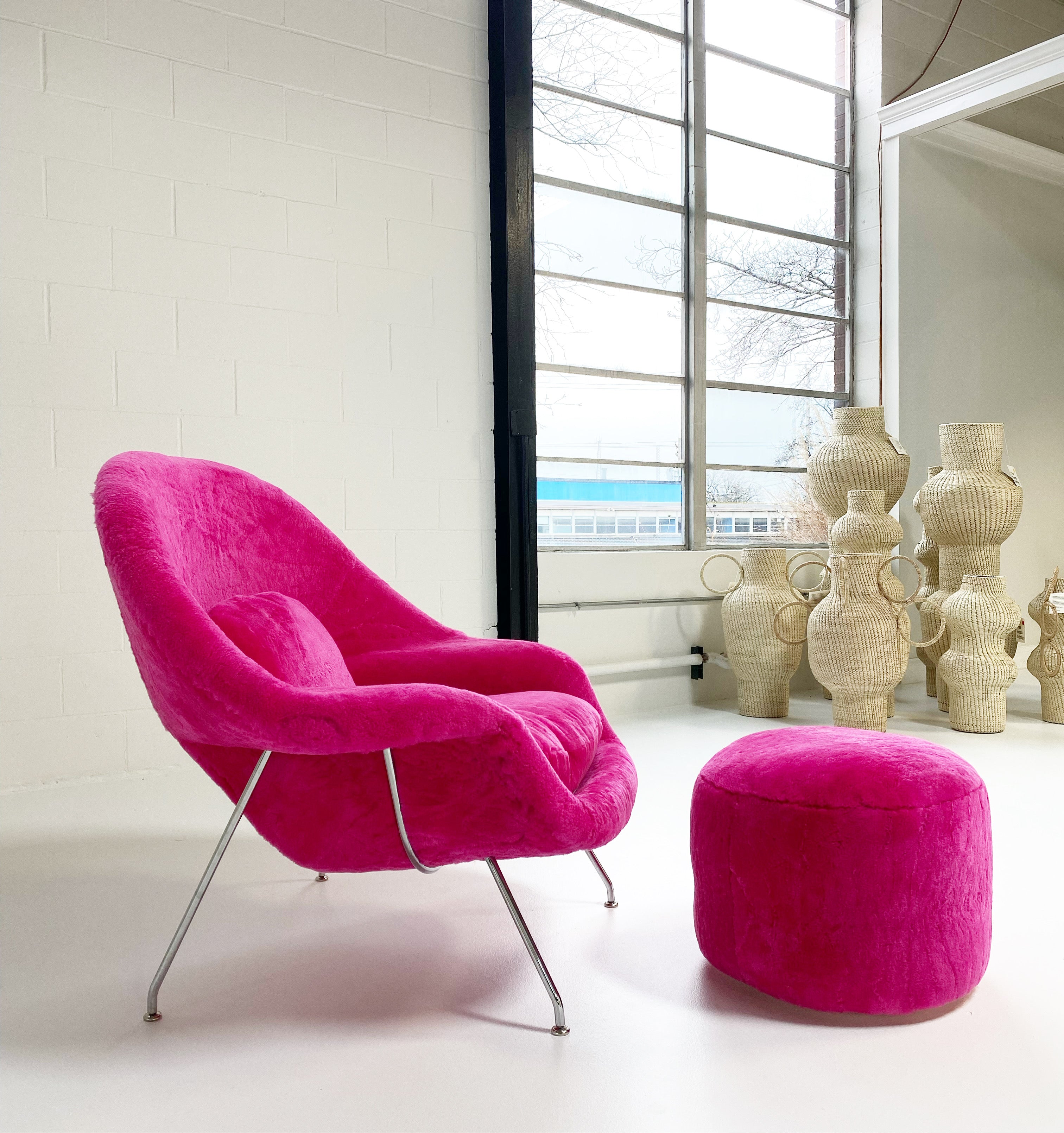 Bespoke Womb Chair and Pouf Ottoman in Patagonia Shearling