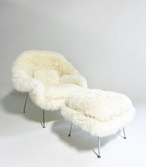 Bespoke Womb Chair and Ottoman in Wavy New Zealand Sheepskin