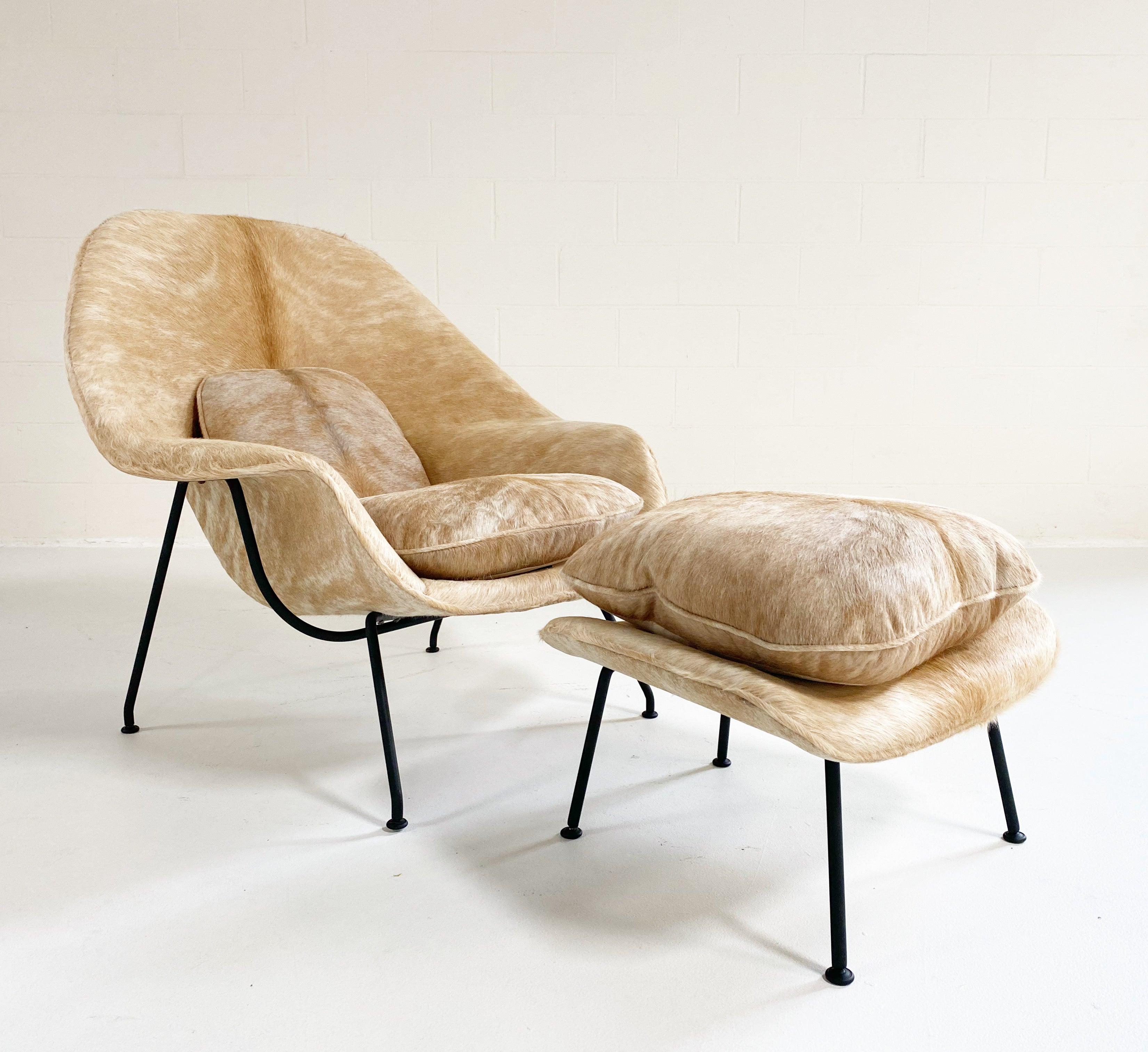 One-of-a-Kind Womb Chair and Ottoman in Brazilian Cowhide