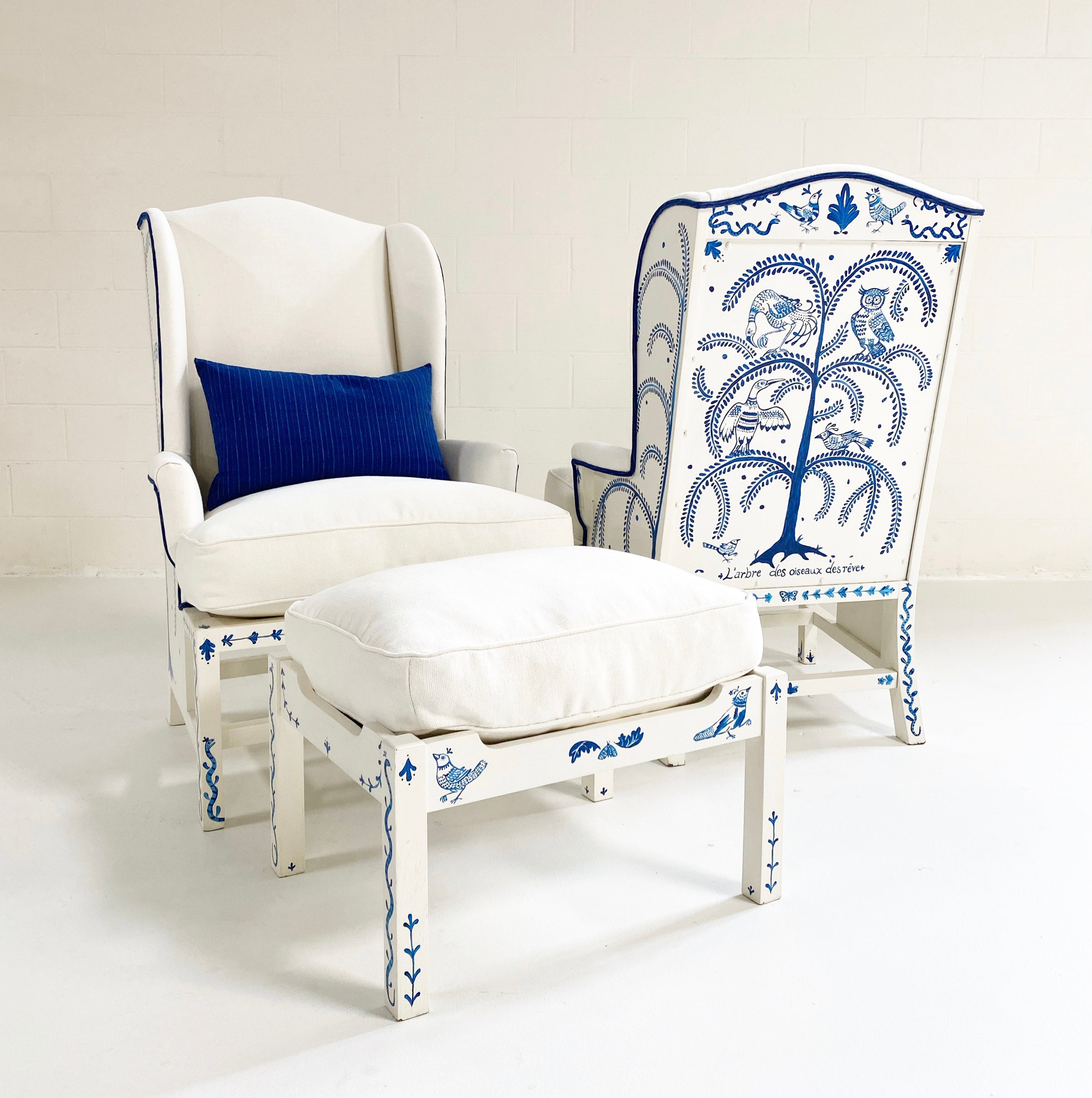 One-of-a-Kind, Hand-Painted 'Tree of Dream Birds' Set, Pair of Wingbacks with Ottoman