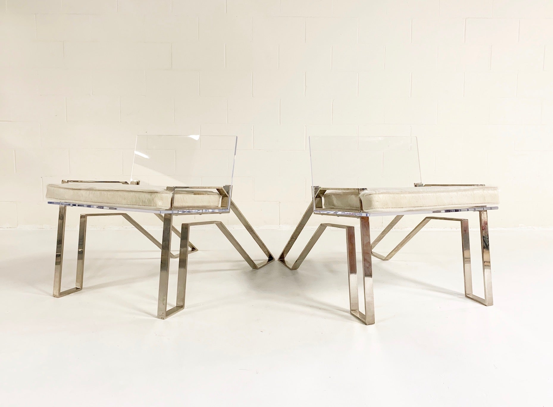 Lucite Adirondack Chairs with Brazilian Cowhide Cushions, pair - FORSYTH