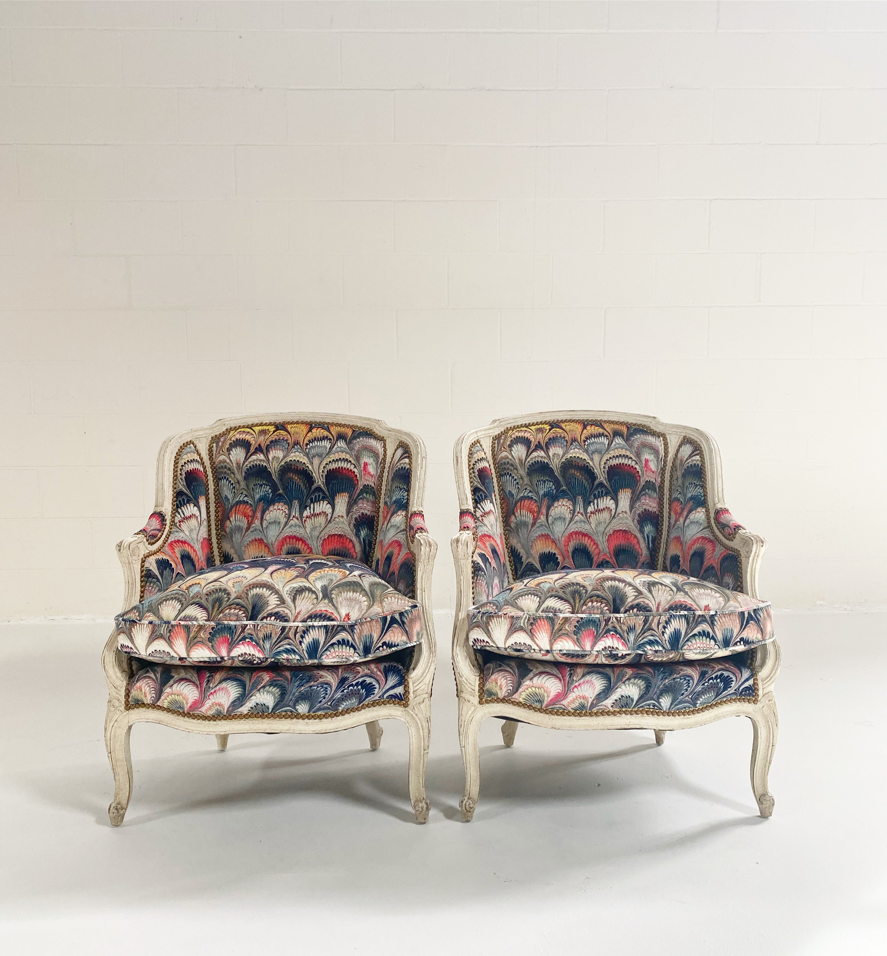 Vintage French Armchairs in Beata Heuman Marbleized Velvet, Pair