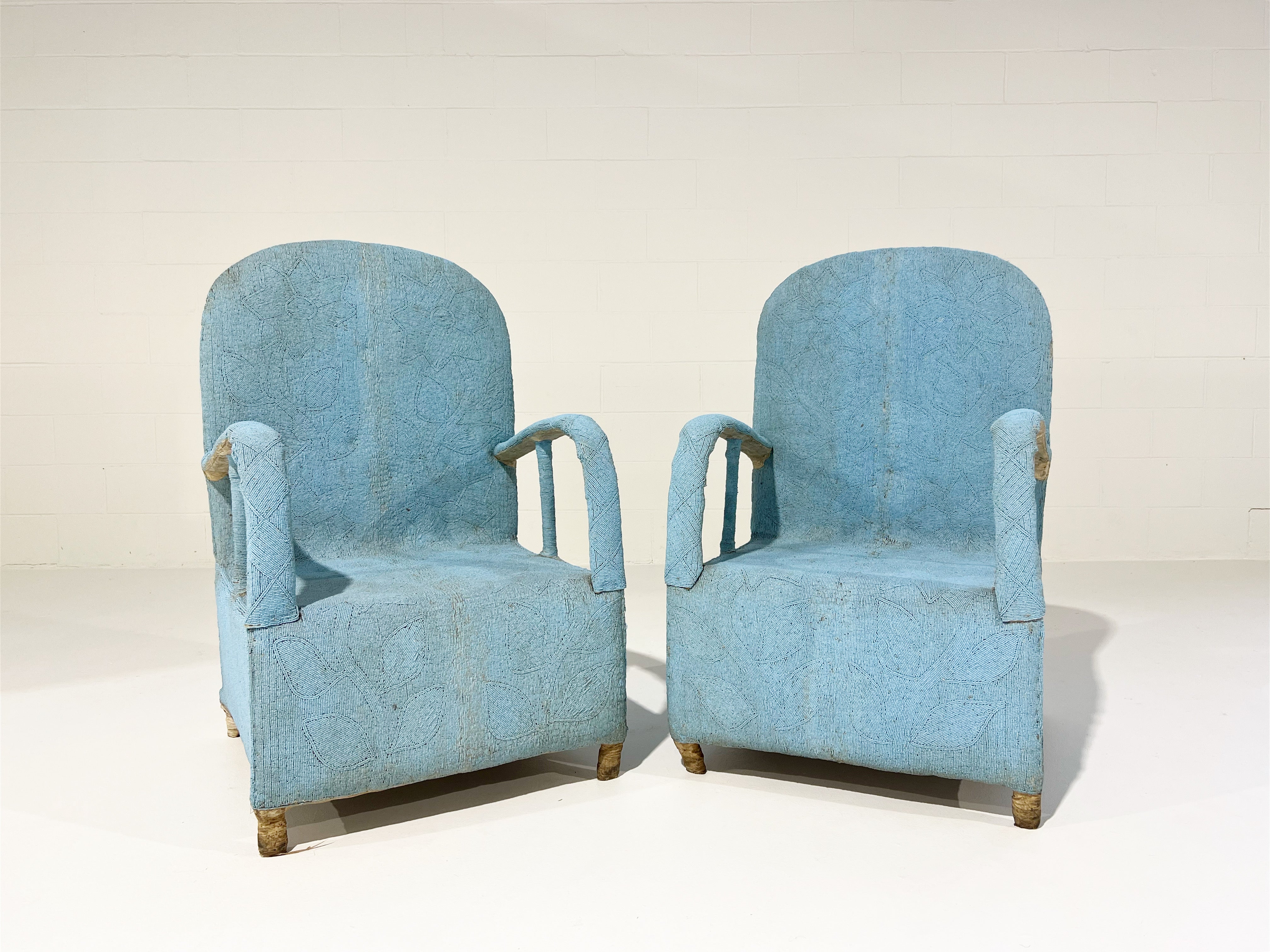 Vintage African Beaded Yoruba Chair - Pale Blue