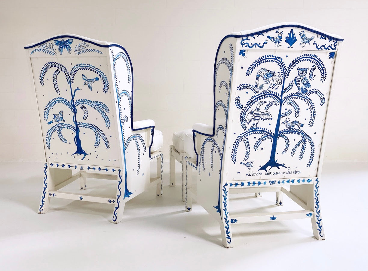 One-of-a-Kind, Hand-Painted 'Tree of Dream Birds' Set, Pair of Wingbacks with Ottoman