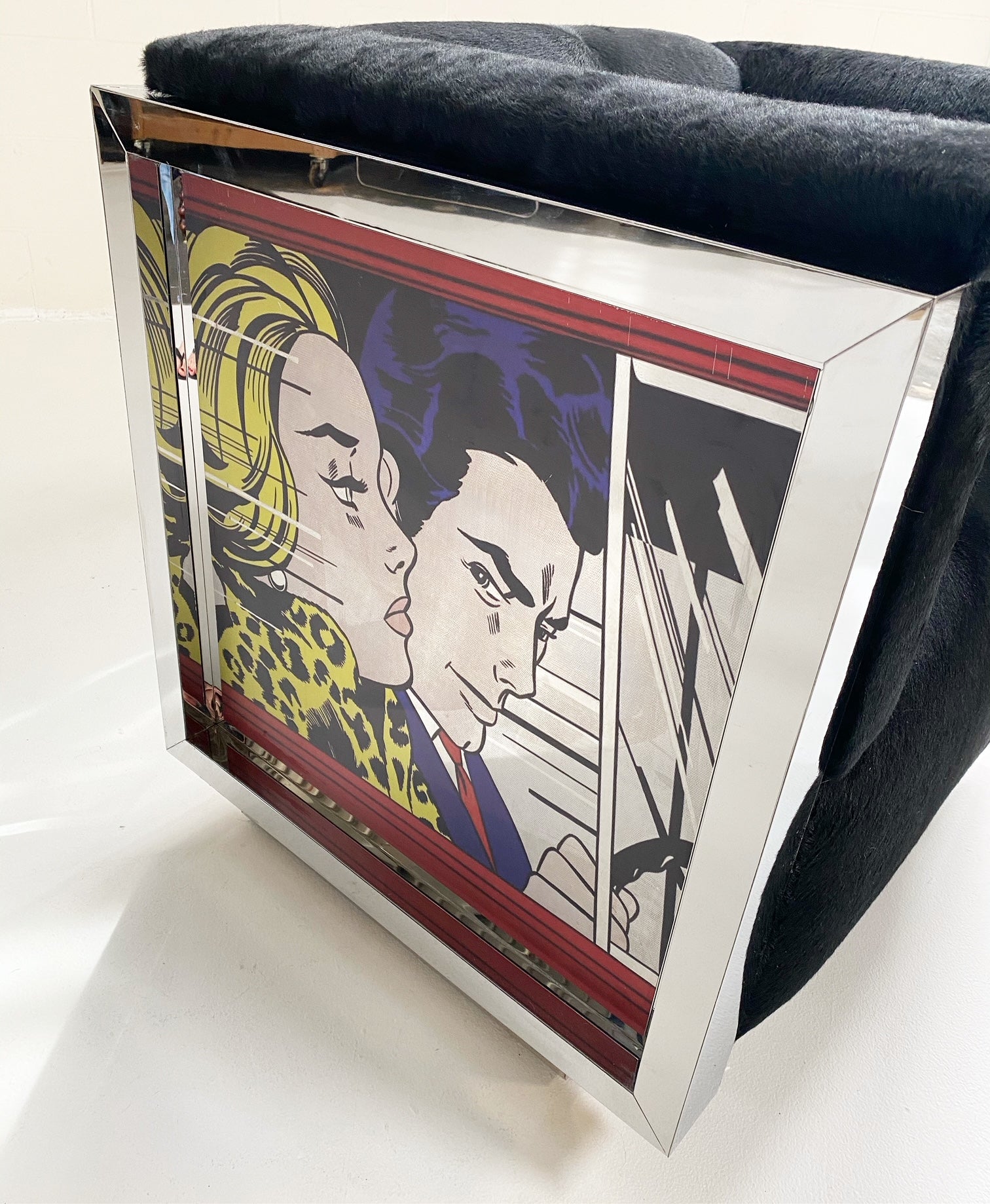 Chrome-plated Loveseat and Lounge Chairs with Lichtenstein Style Art in Brazilian Cowhide