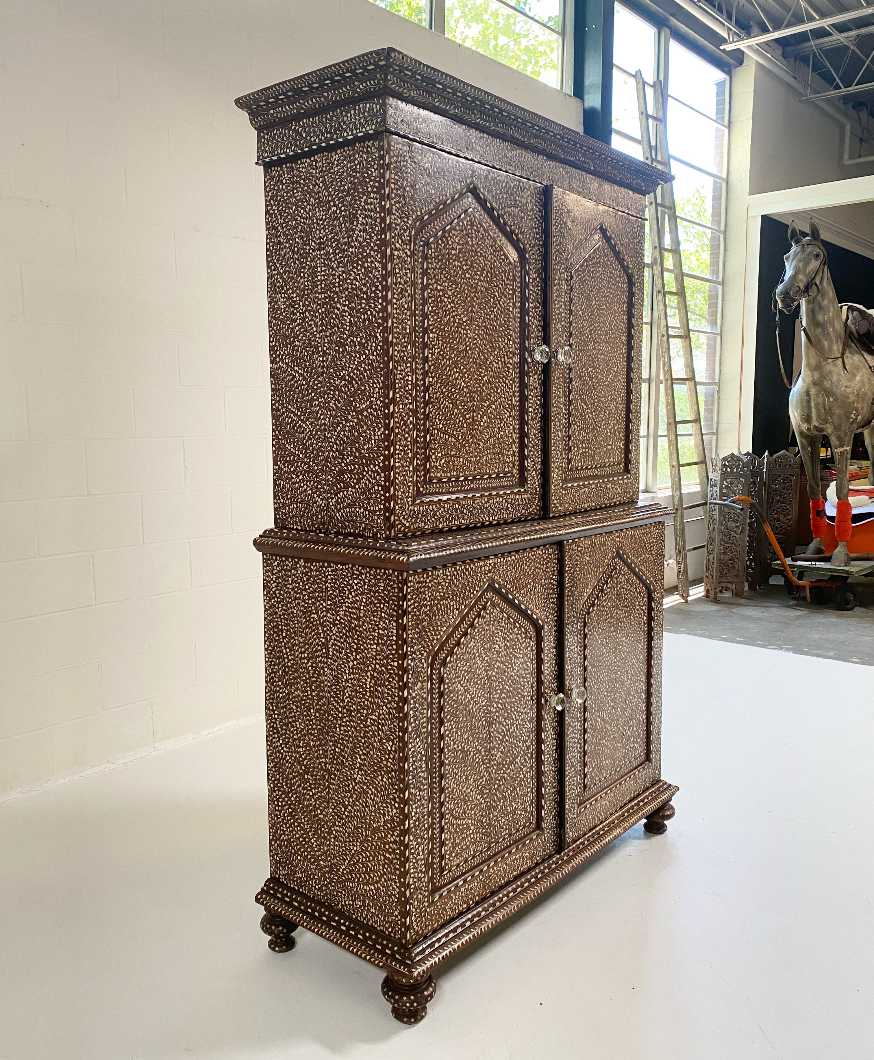 19th Century Anglo-Colonial Two-Part Bone Inlaid Cabinet