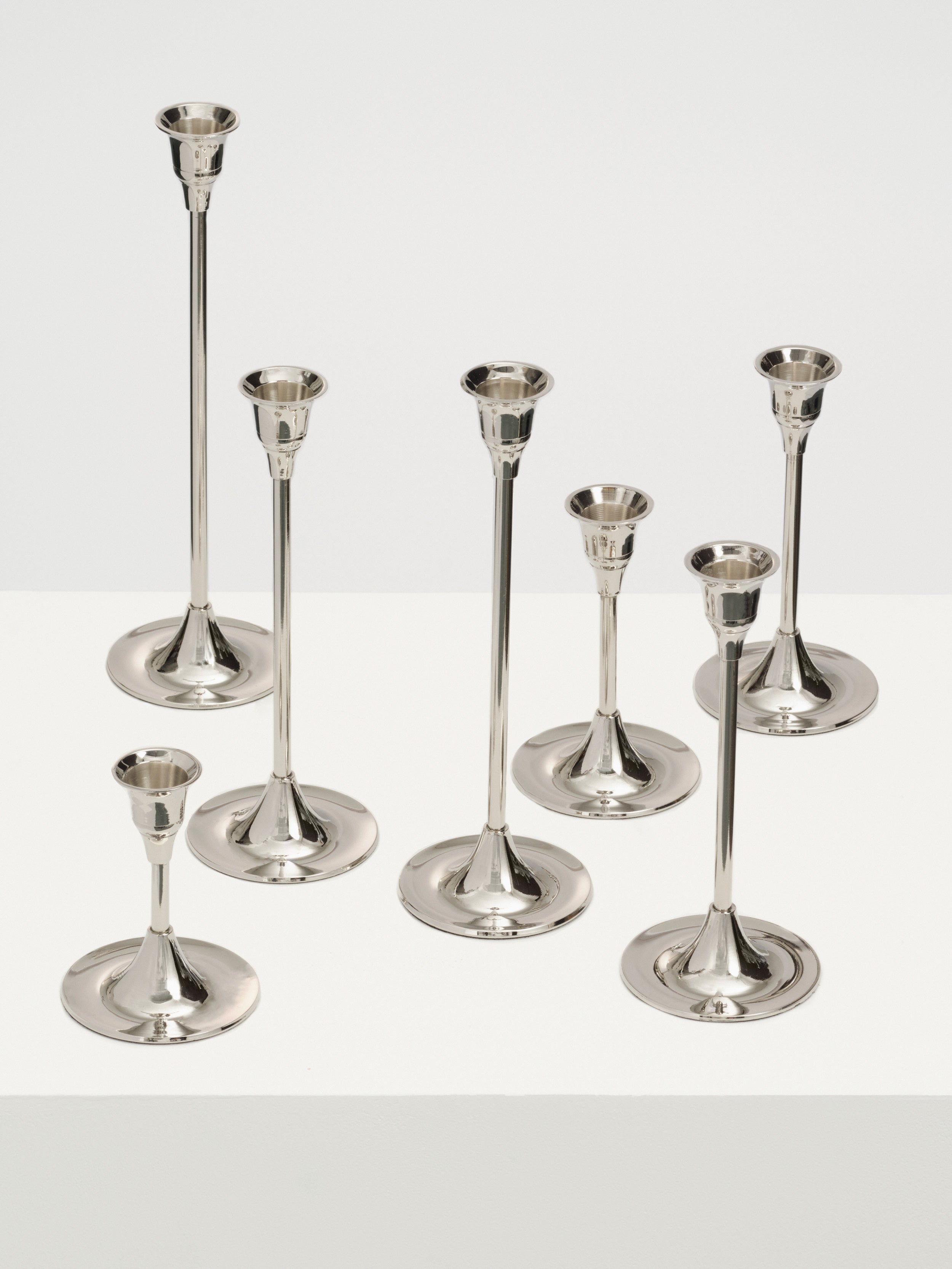 Candlesticks of Various Sizes, Set of 7 - Nickel