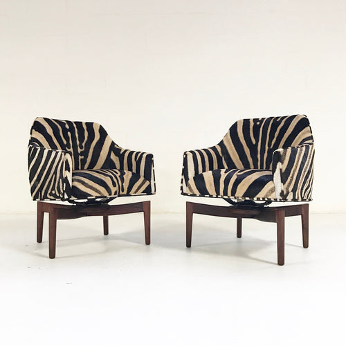 Walnut Swivel Chairs in Zebra Hide, pair - FORSYTH