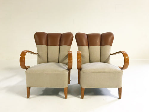 Italian Bentwood Armchairs in Loro Piana Leather and Linen, pair - FORSYTH