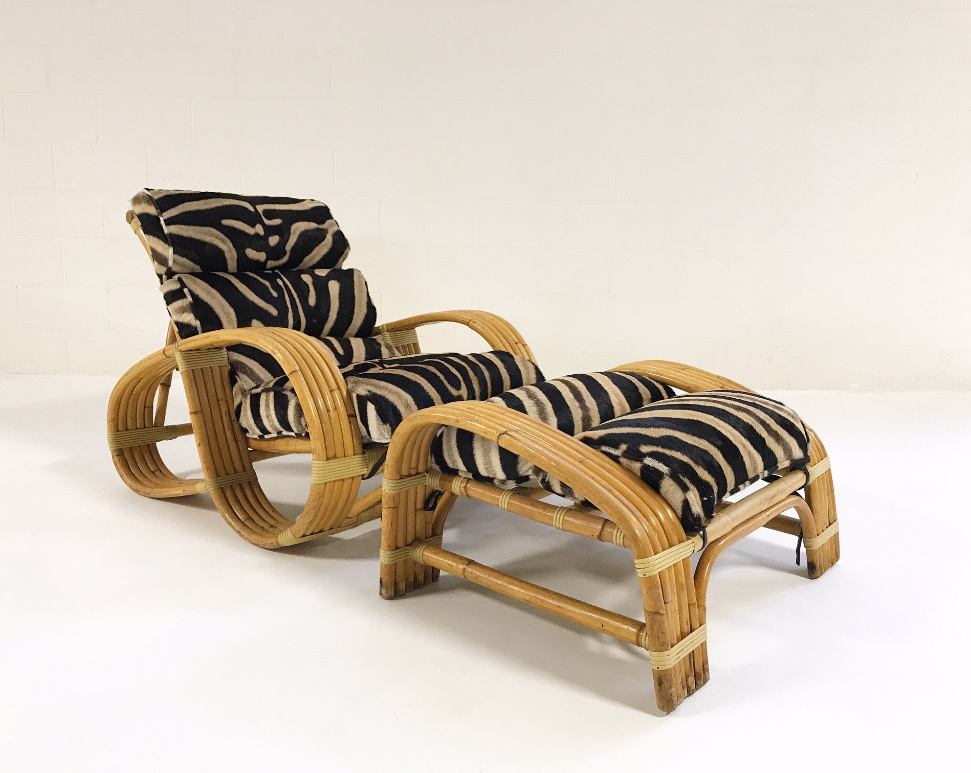 Five-Strand Rattan Lounge Chair & Ottoman with Zebra Hide