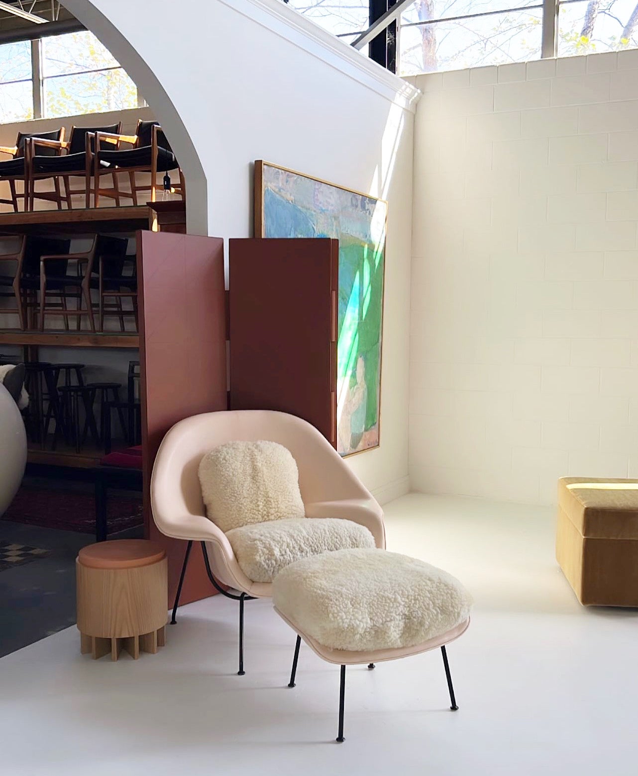 One-of-a-Kind Womb Chair and Ottoman in Leather and Sheepskin