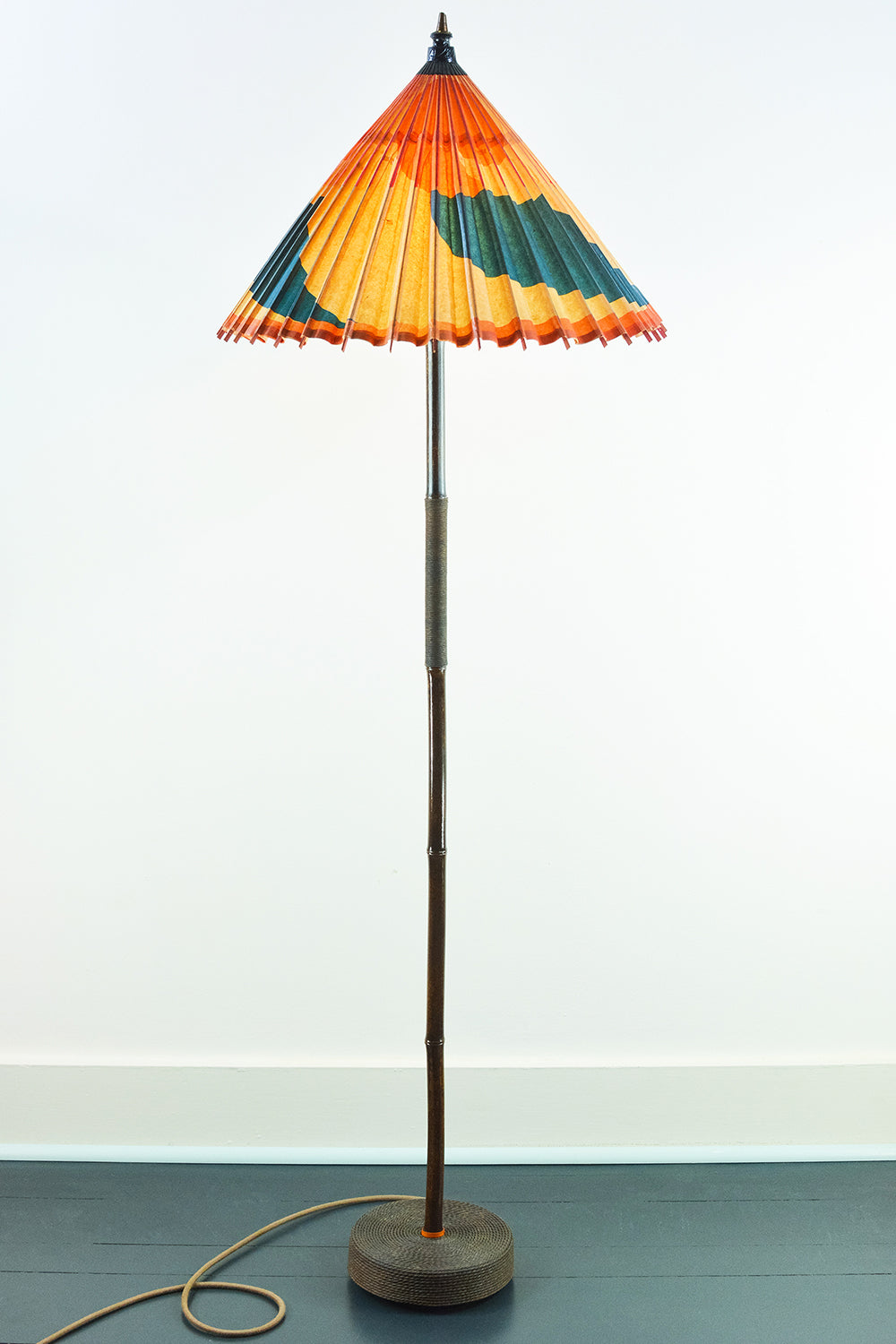 1933 Chicago 'World’s Fair' Black Bamboo Floor Lamp with Parasol Shade and Coiled Seagrass Base