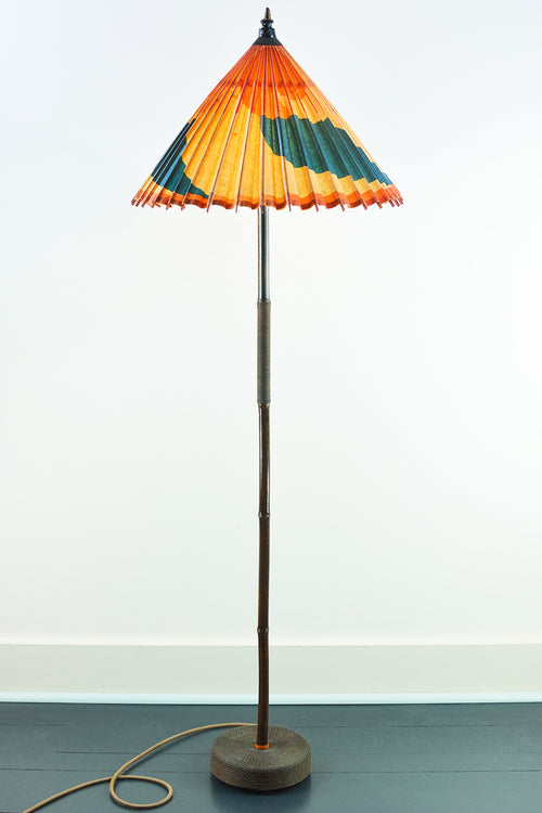 1933 Chicago 'World’s Fair' Black Bamboo Floor Lamp with Parasol Shade and Coiled Seagrass Base