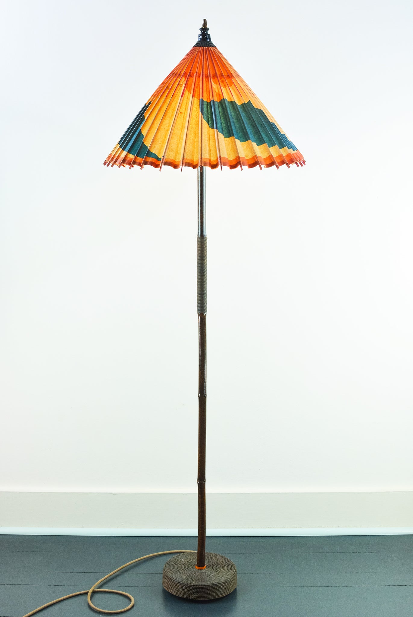 1933 Chicago 'World’s Fair' Black Bamboo Floor Lamp with Parasol Shade and Coiled Seagrass Base