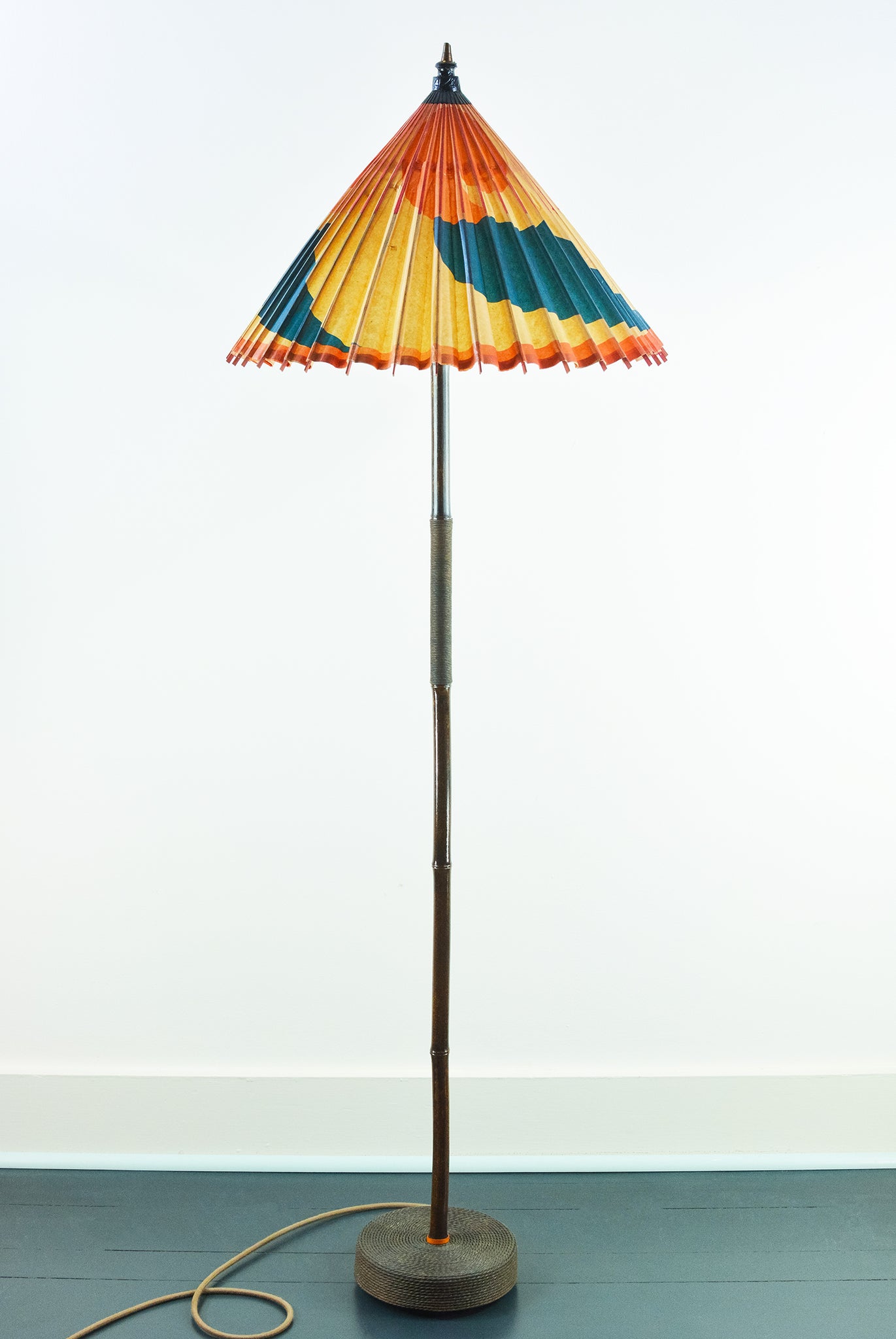 1933 Chicago 'World’s Fair' Black Bamboo Floor Lamp with Parasol Shade and Coiled Seagrass Base
