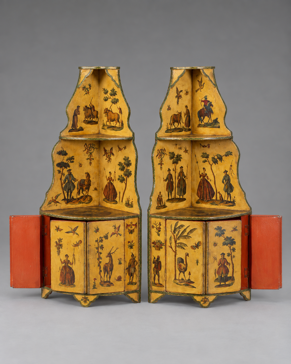 18th/19th C. Italian Hanging Corner Cabinets with Lacca Povera Decoration, Pair