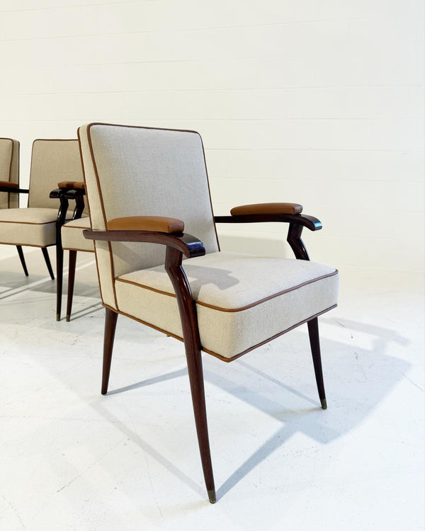 Armchairs in Loro Piana Linen and Leather, Set of 4