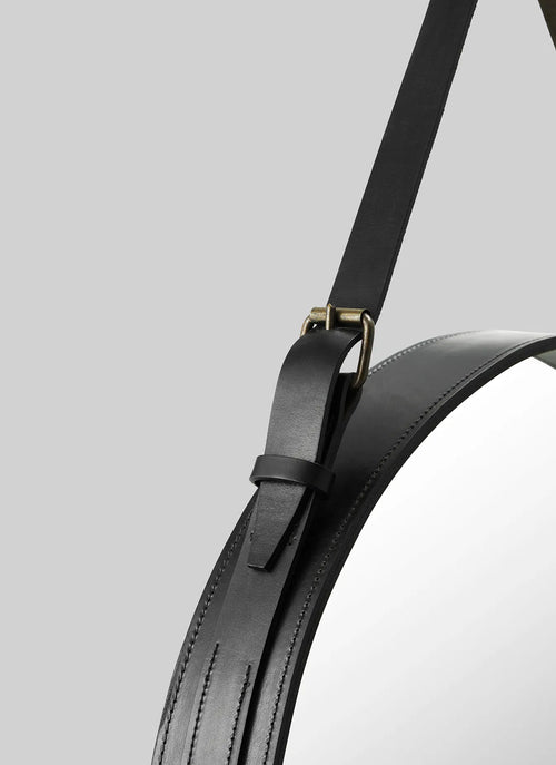 Adnet Wall Mirror, Circle | Black Leather