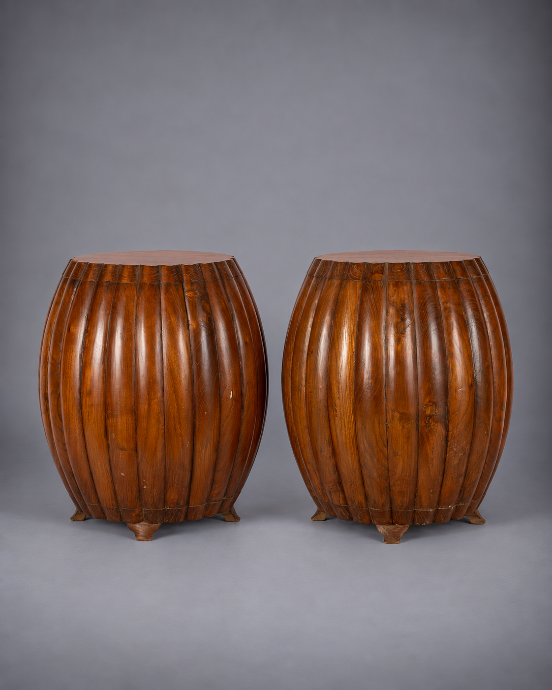 c. 1900 Pair of Chinese Hard Wood Barrel Stools