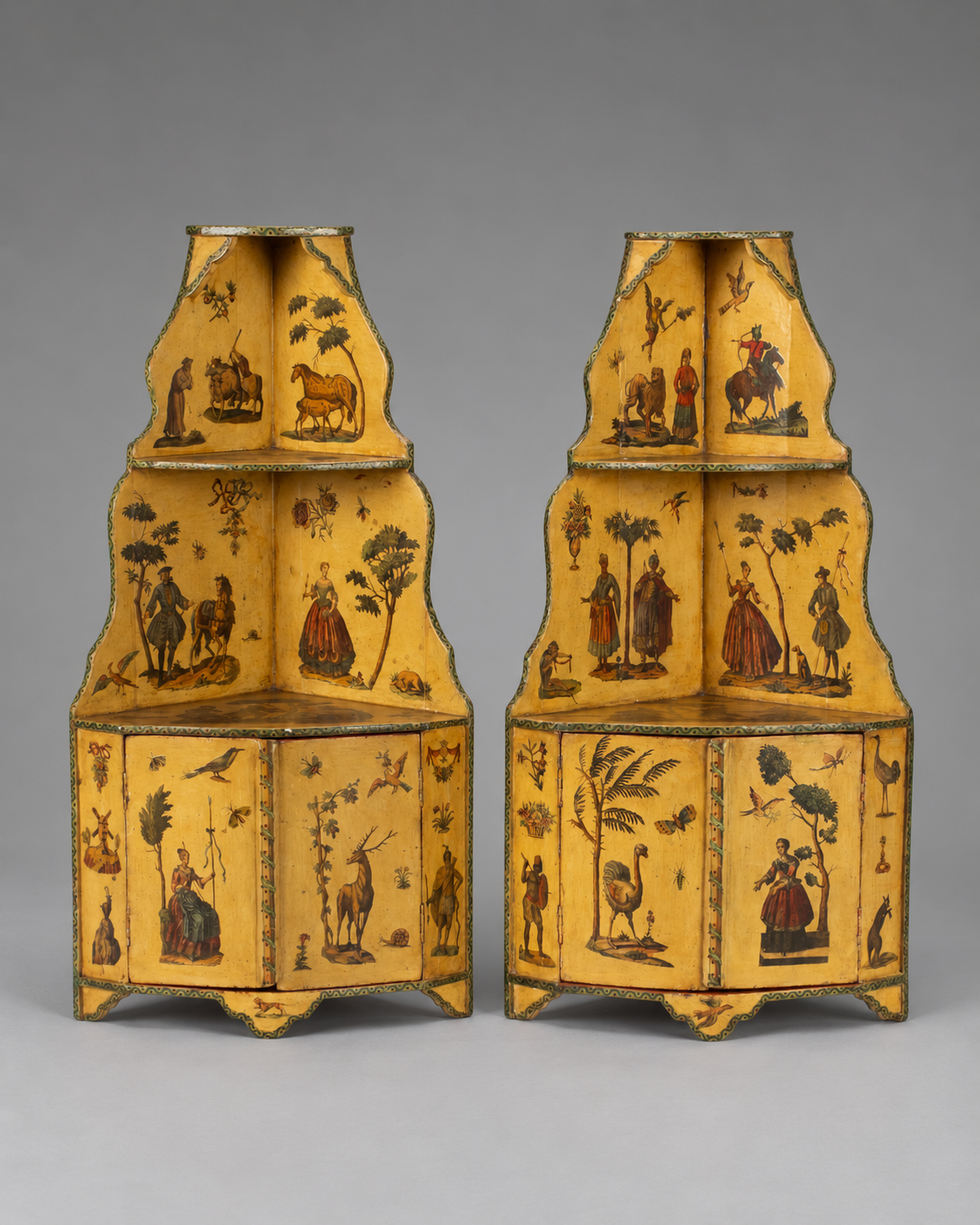 18th/19th C. Italian Hanging Corner Cabinets with Lacca Povera Decoration, Pair