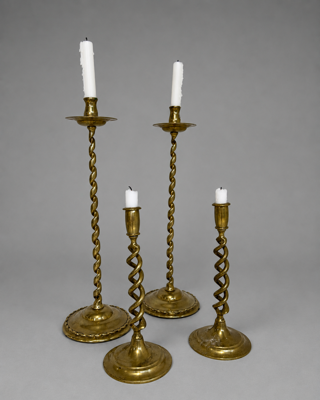 Antique Brass Twist Candlesticks, Set of 4