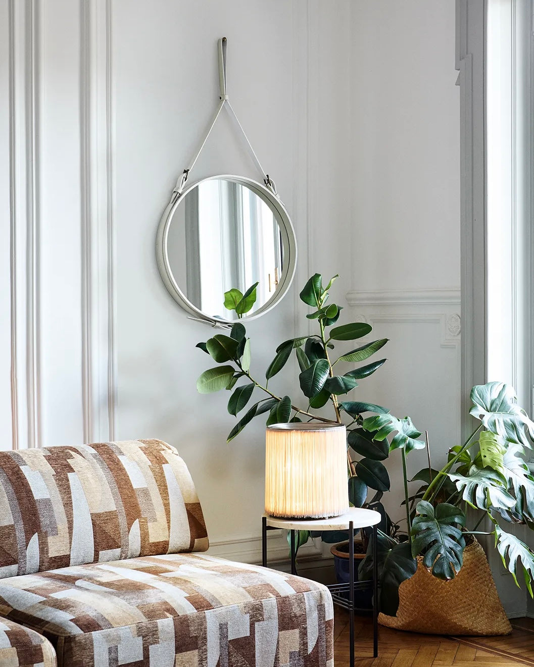 Adnet Wall Mirror, Circle | Cream Leather