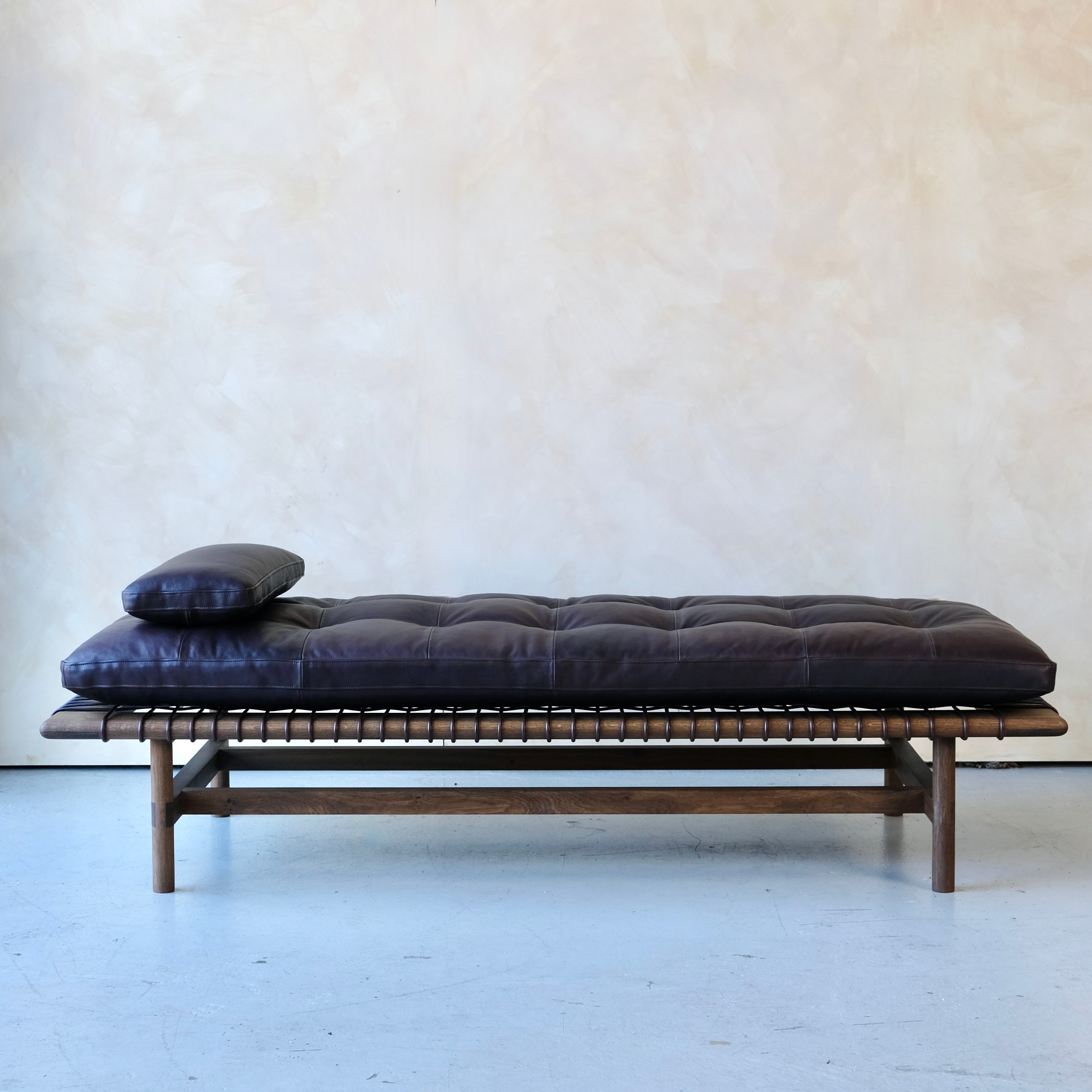 Mesa Daybed in Fumed Oak and Dark Tumbled Hermes Leather