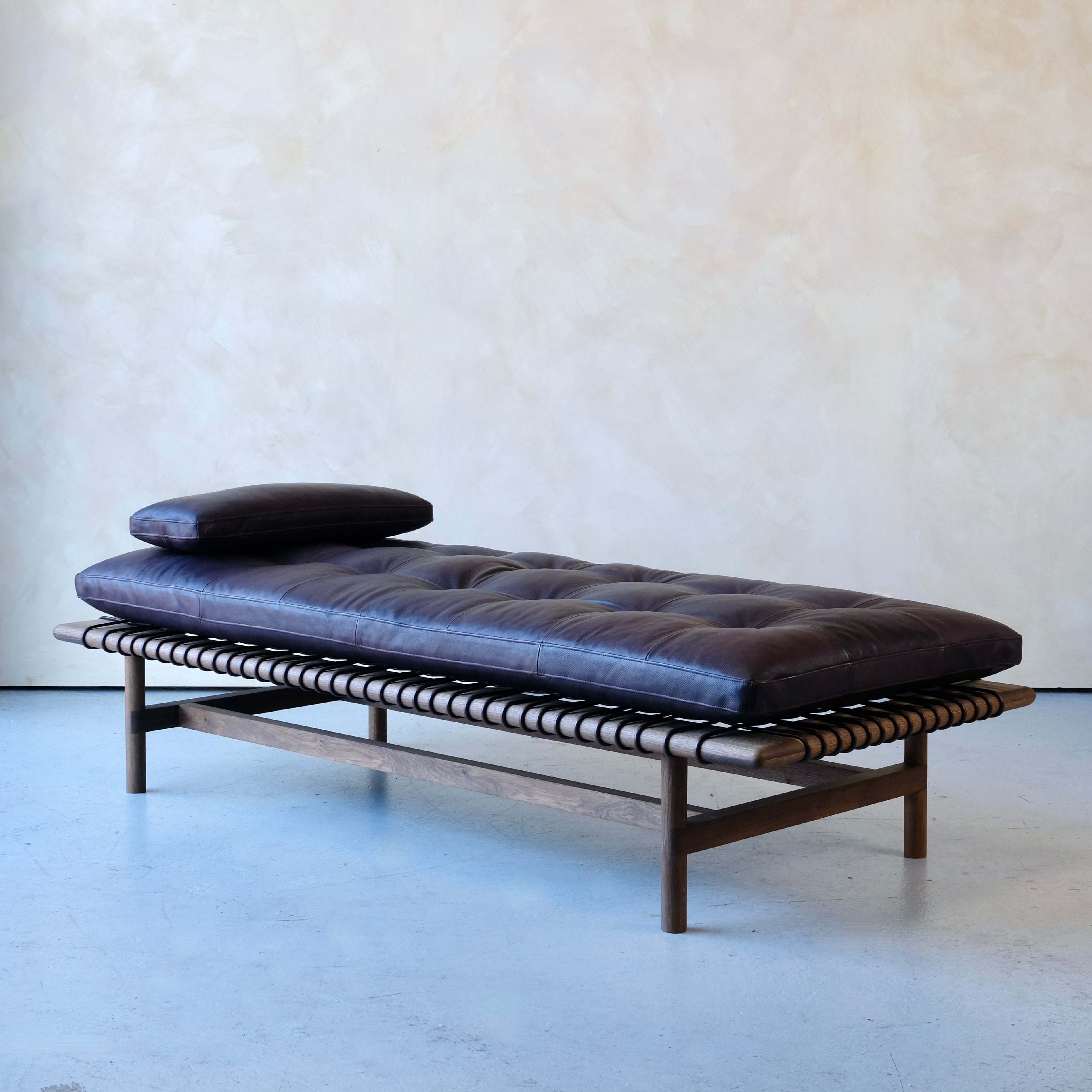 Mesa Daybed in Fumed Oak and Dark Tumbled Hermes Leather