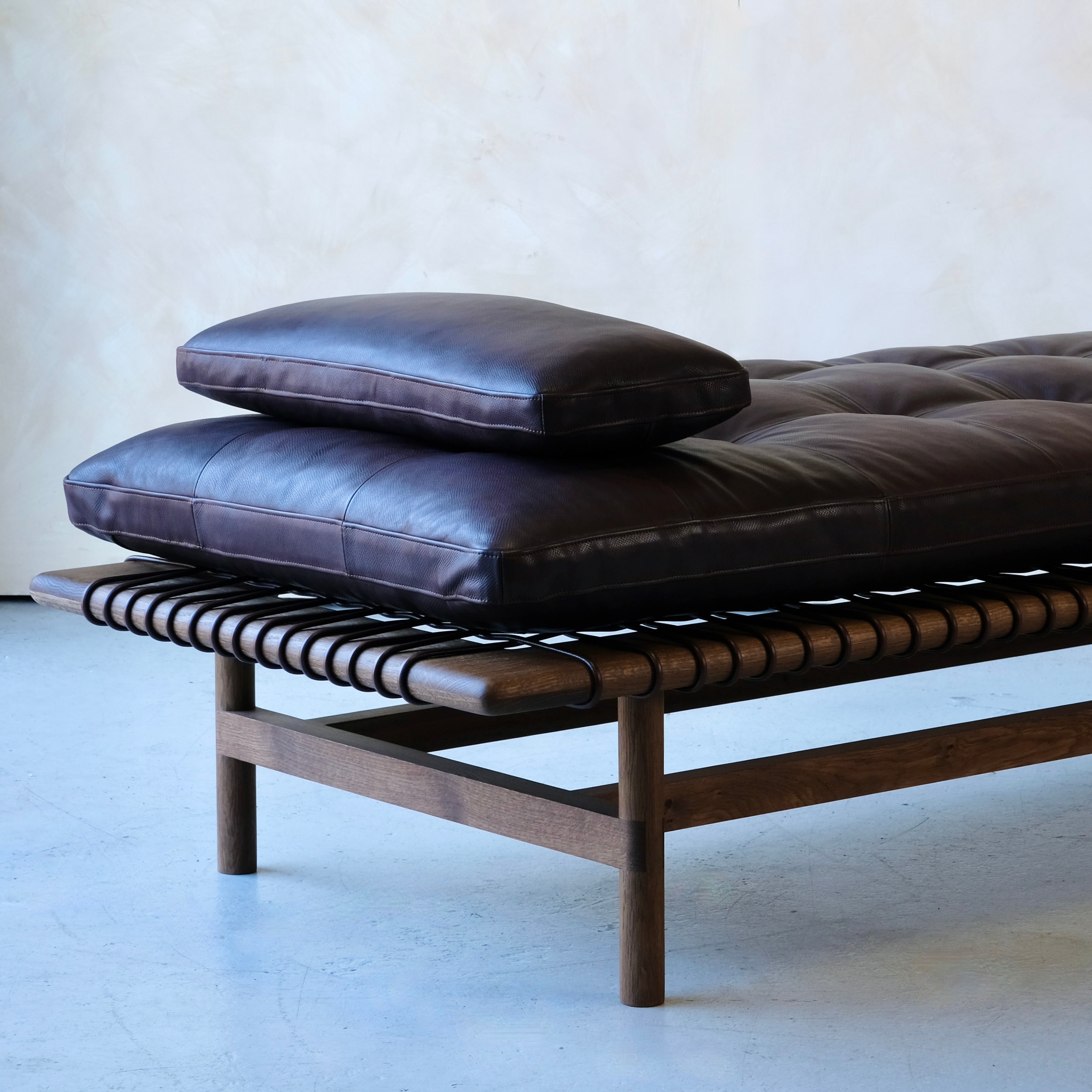 Mesa Daybed in Fumed Oak and Dark Tumbled Hermes Leather