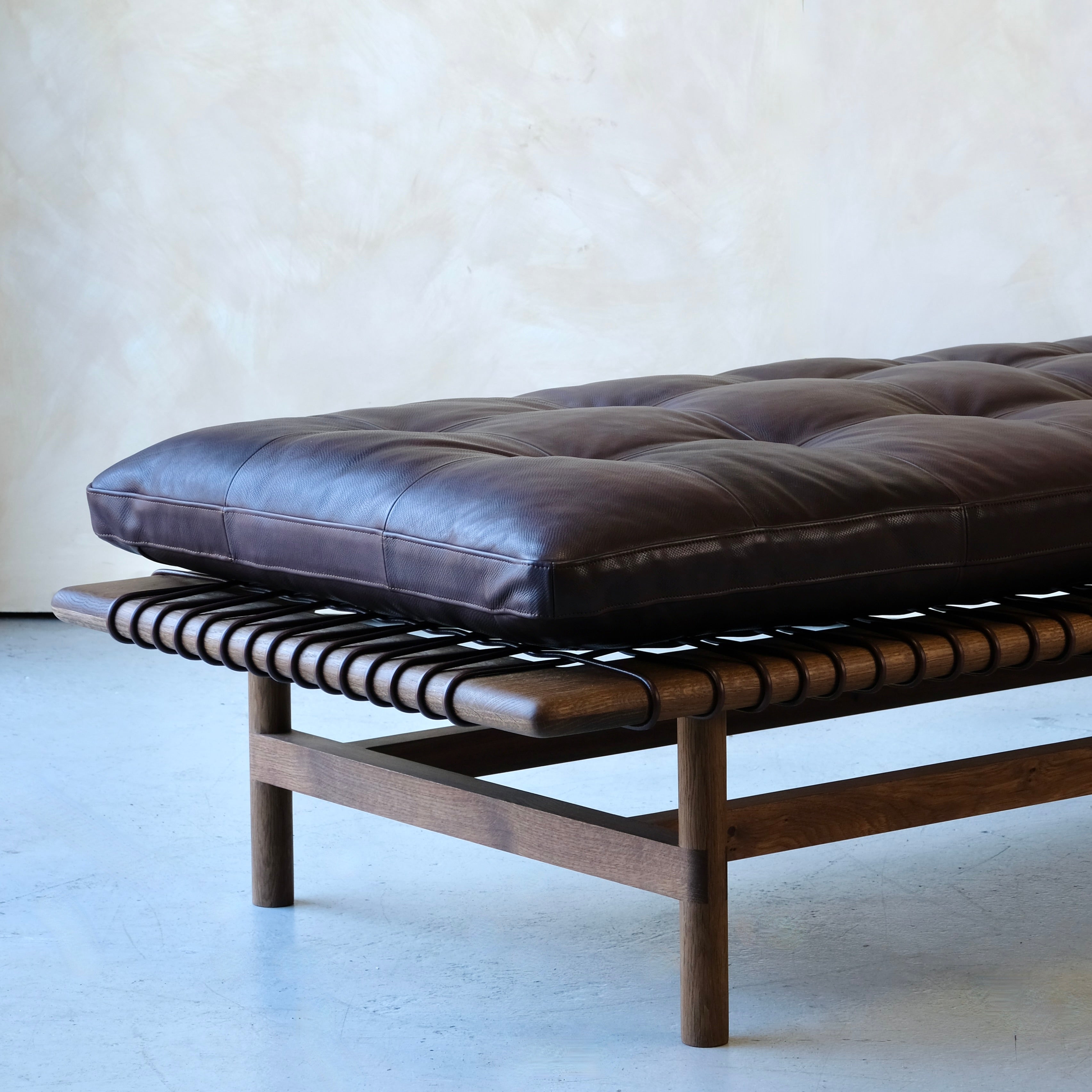 Mesa Daybed in Fumed Oak and Dark Tumbled Hermes Leather