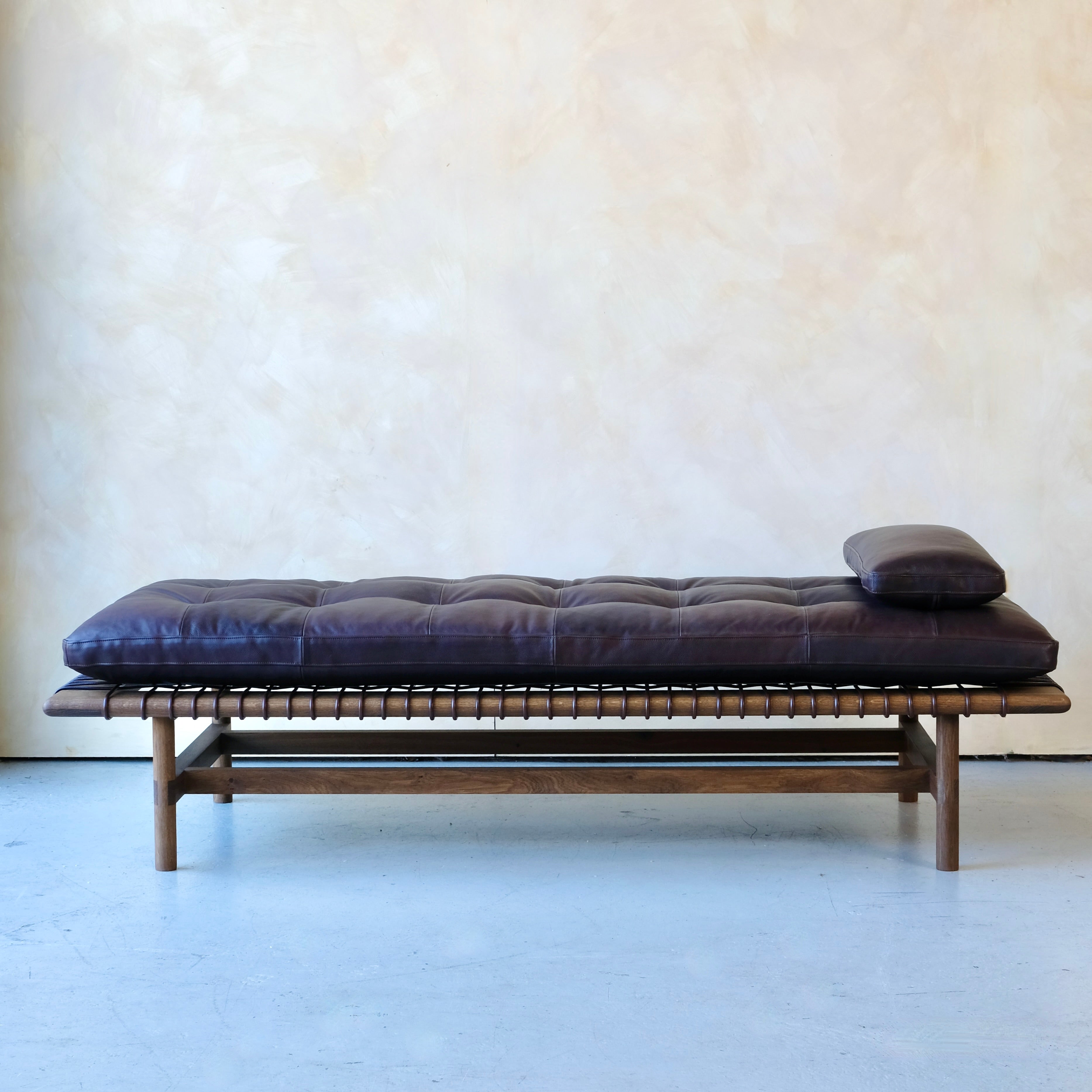 Mesa Daybed in Fumed Oak and Dark Tumbled Hermes Leather