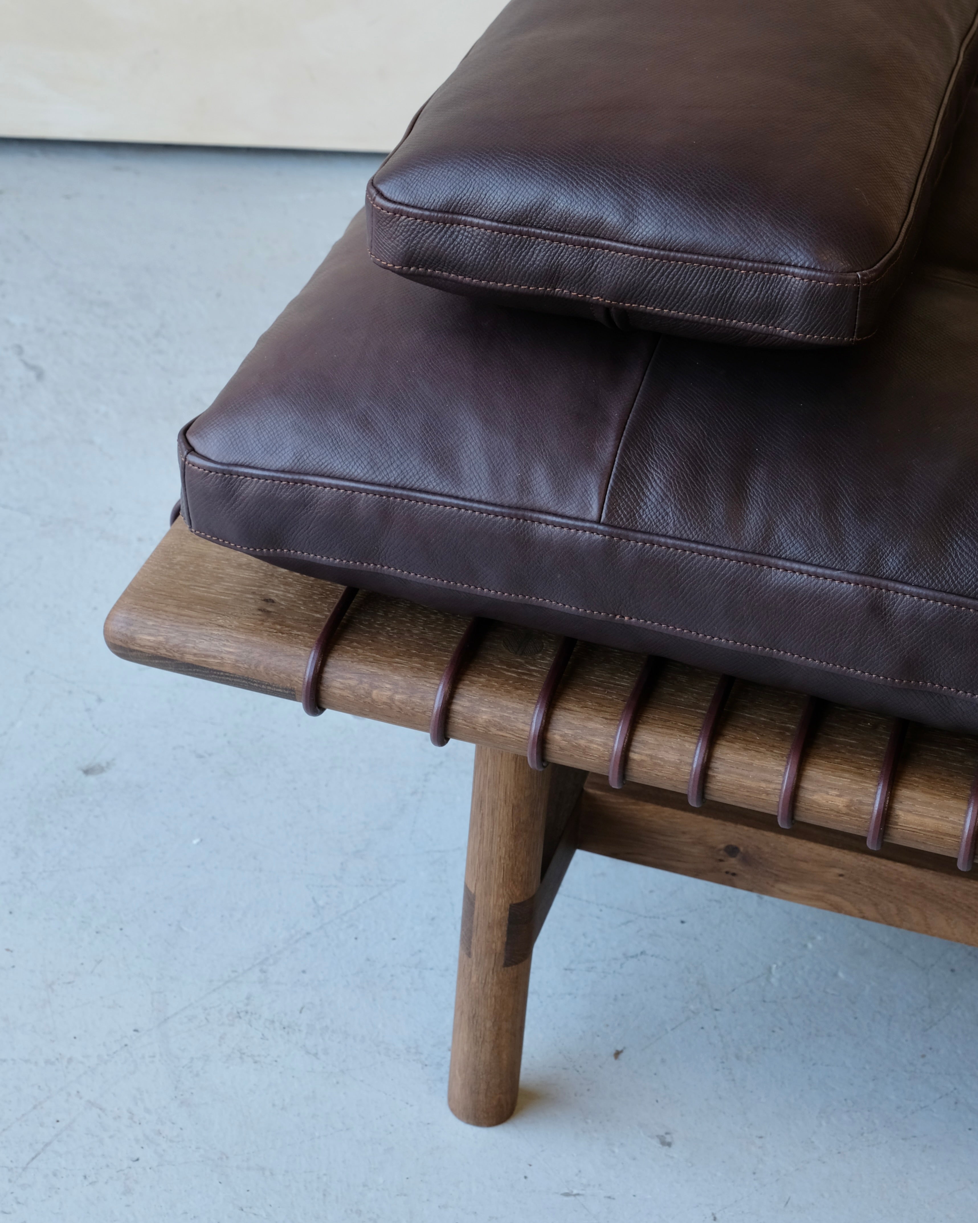 Mesa Daybed in Fumed Oak and Dark Tumbled Hermes Leather