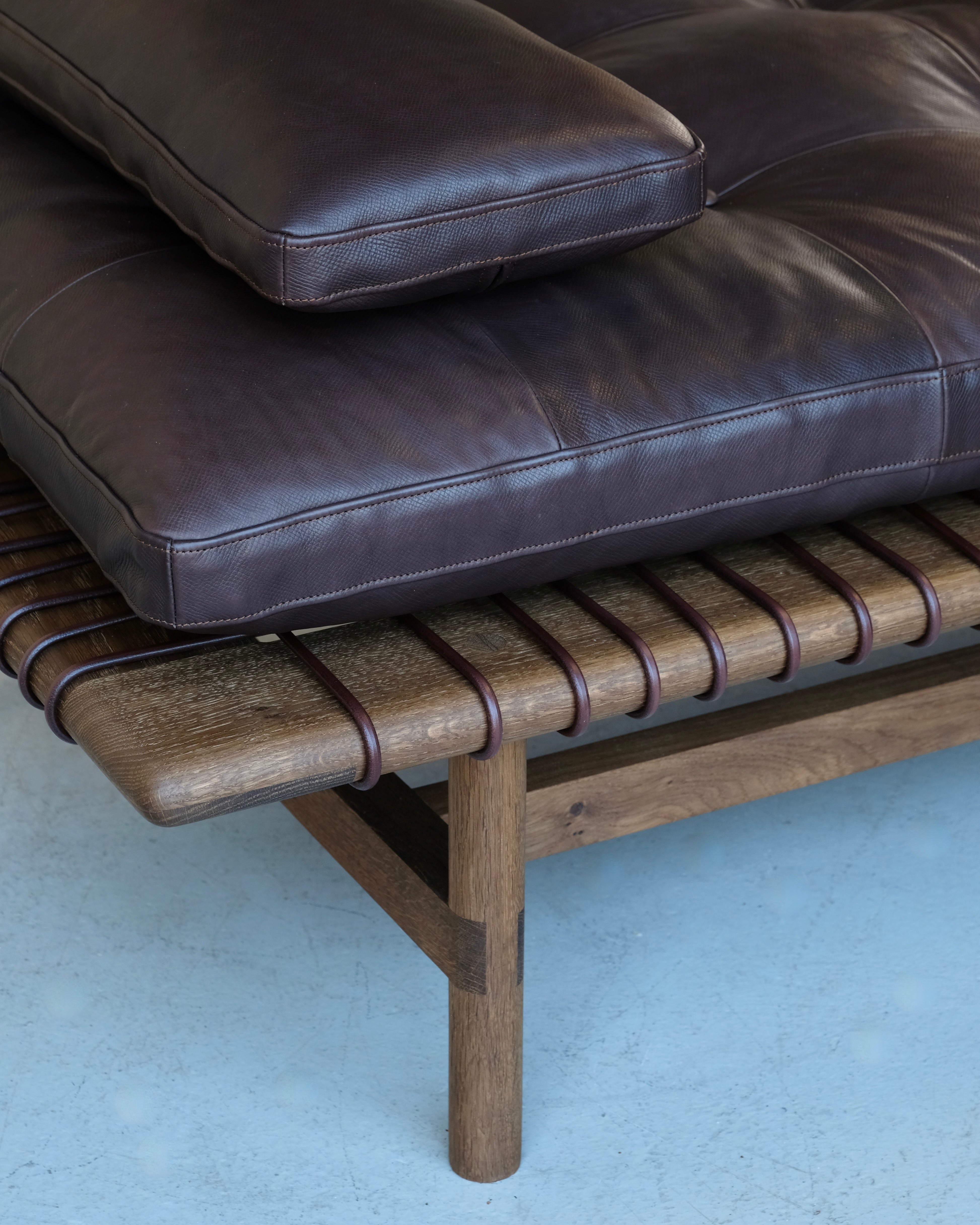 Mesa Daybed in Fumed Oak and Dark Tumbled Hermes Leather