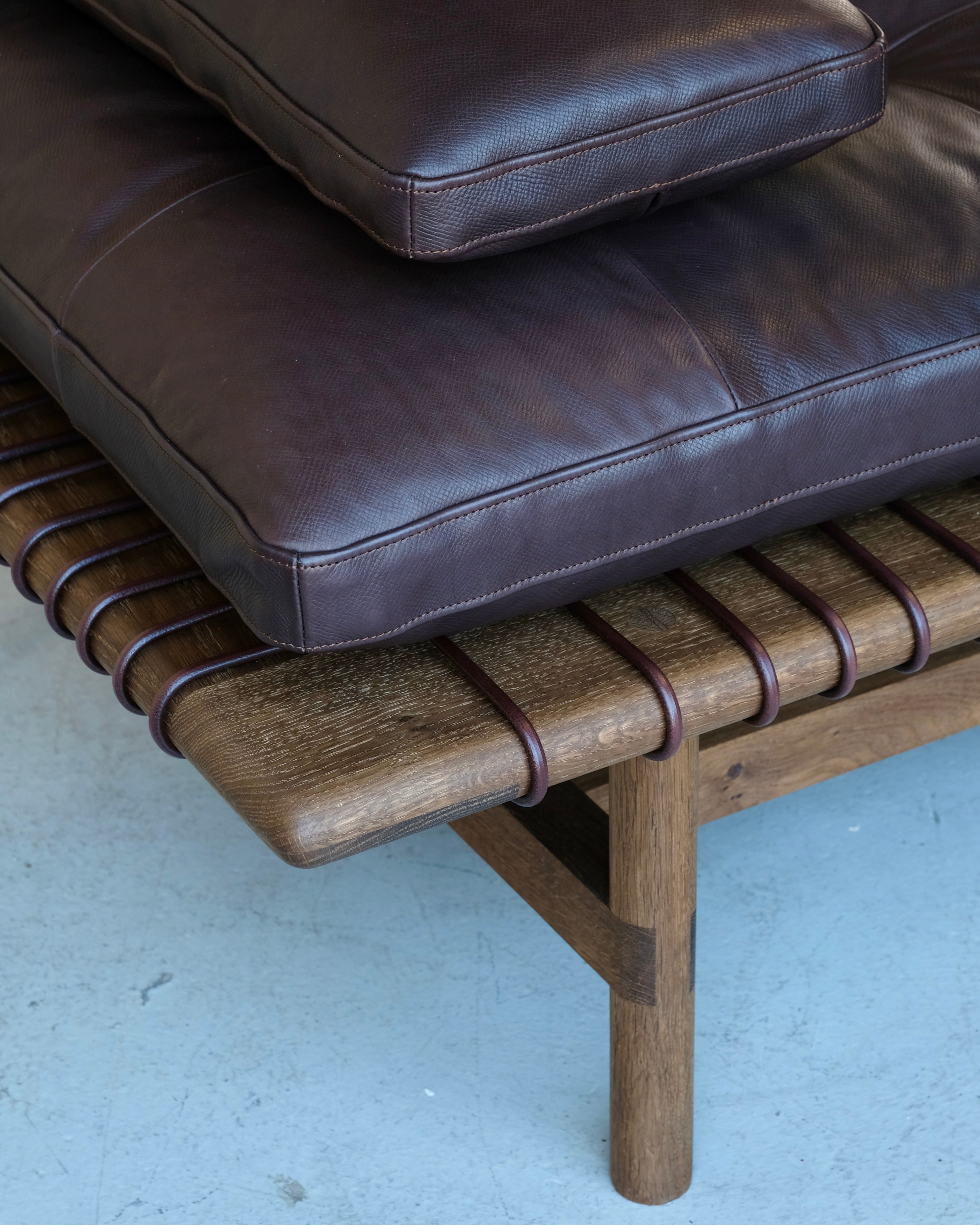 Mesa Daybed in Fumed Oak and Dark Tumbled Hermes Leather