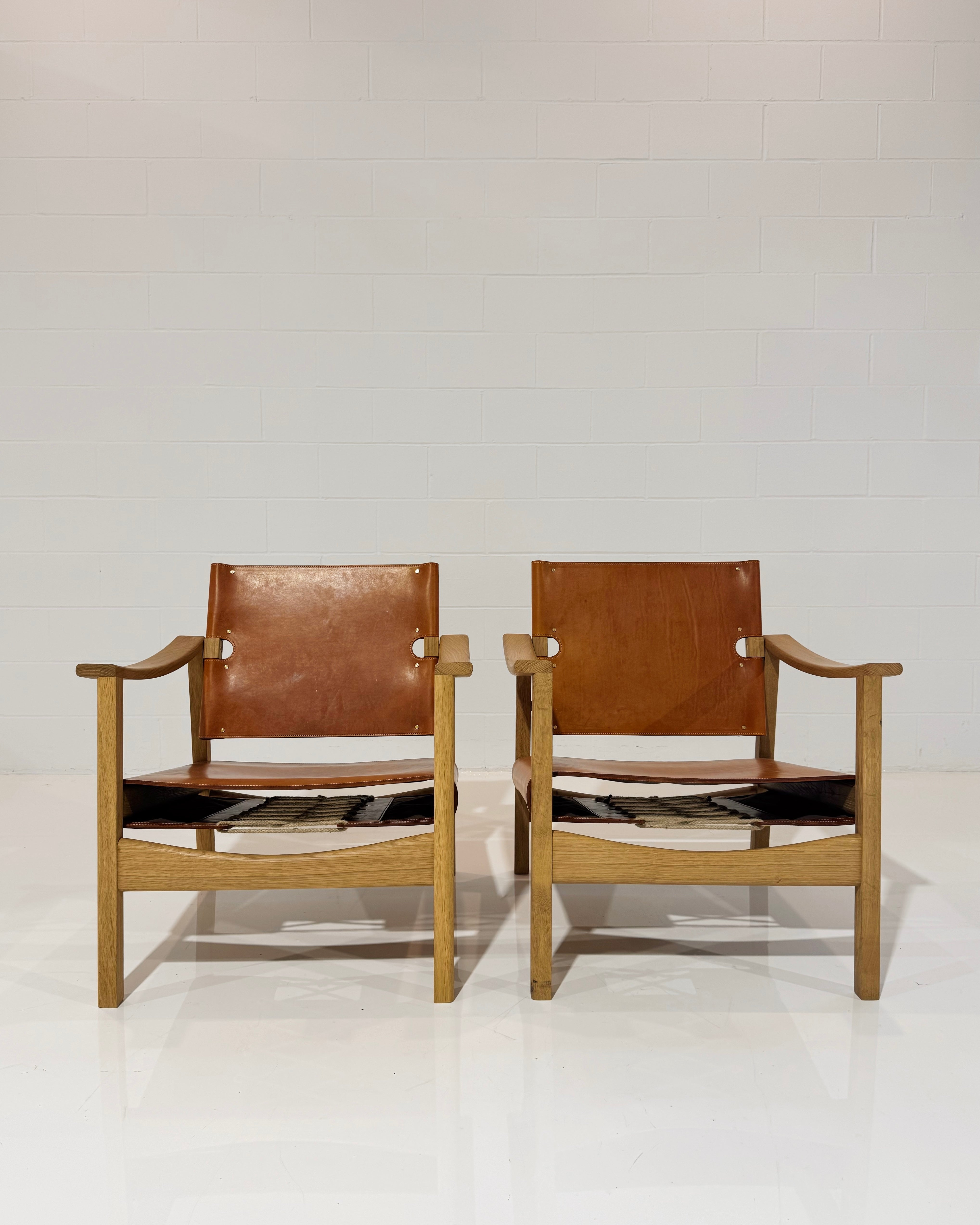 Camber Armchair in Oiled Oak and Tan Leather, Pair
