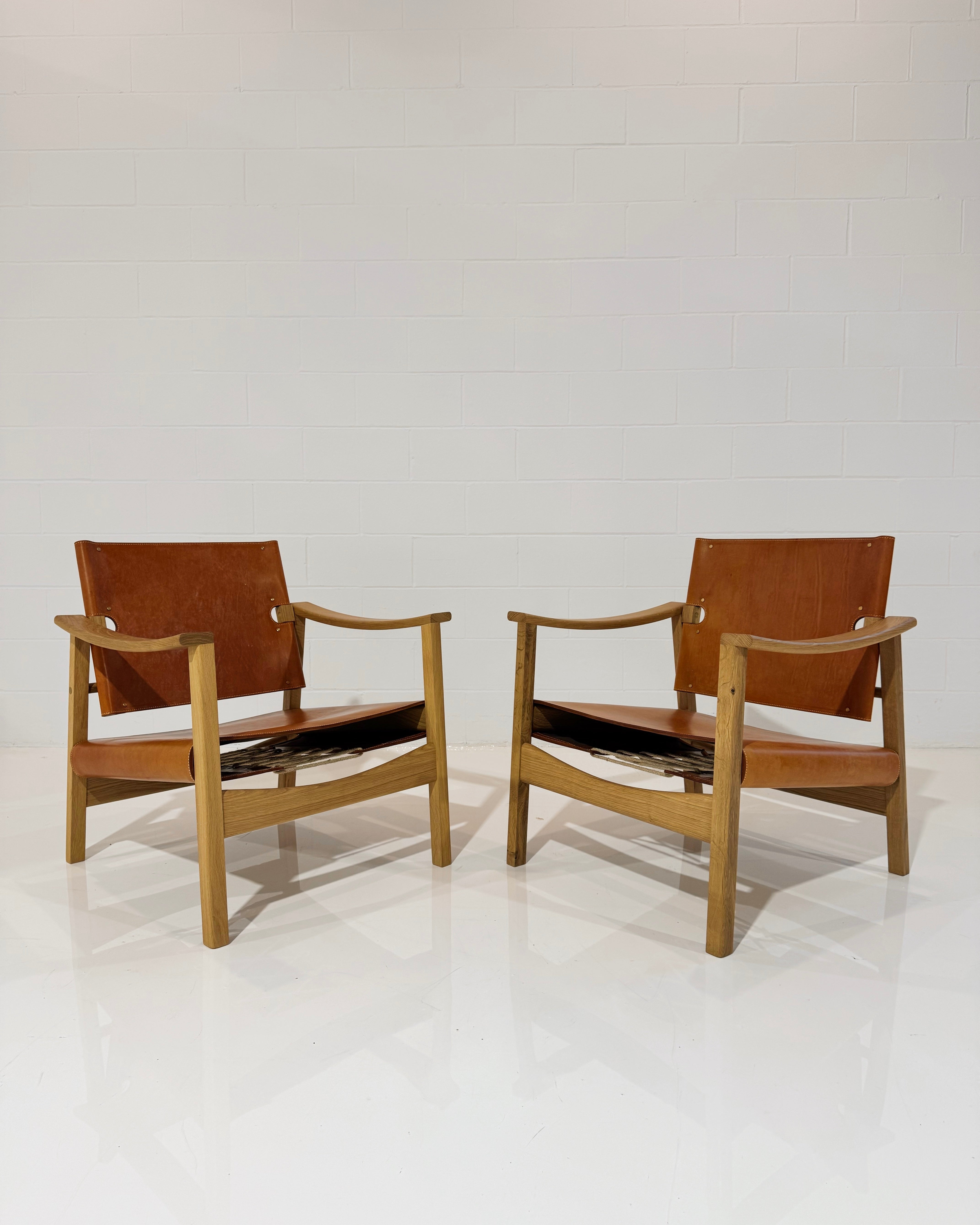 Camber Armchair in Oiled Oak and Tan Leather, Pair