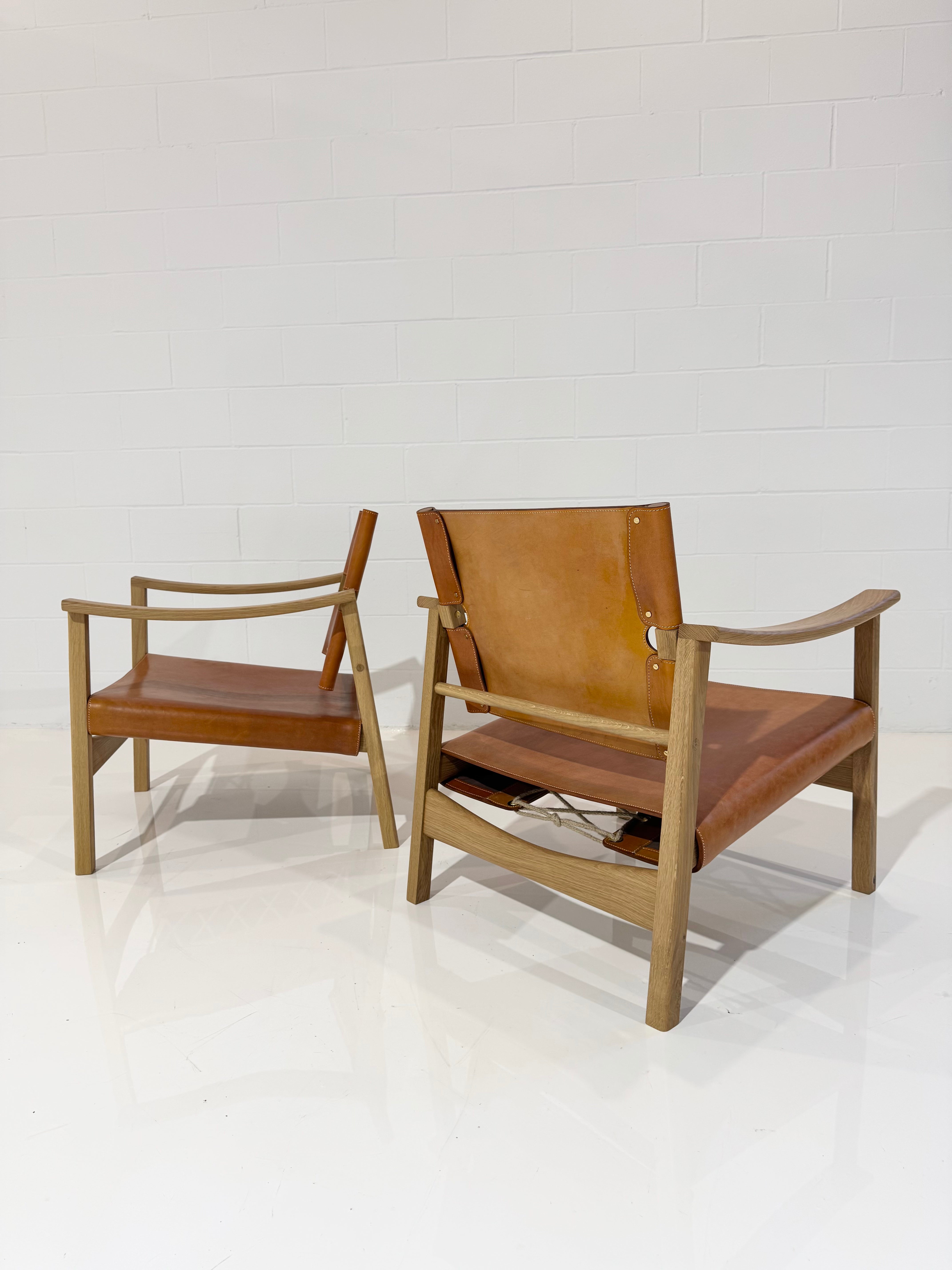 Camber Armchair in Oiled Oak and Tan Leather, Pair