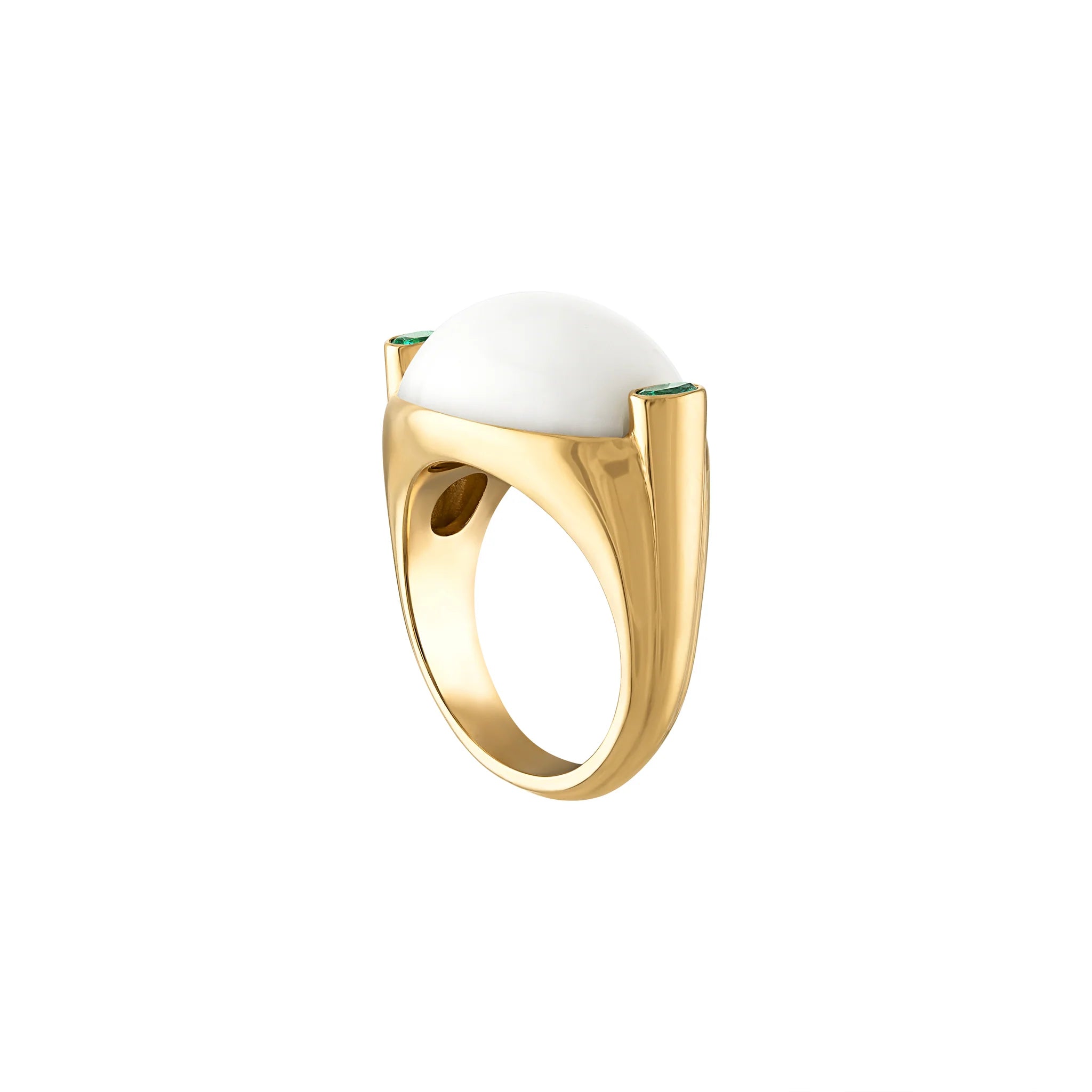 Oval White Agate and Emerald Signet Ring
