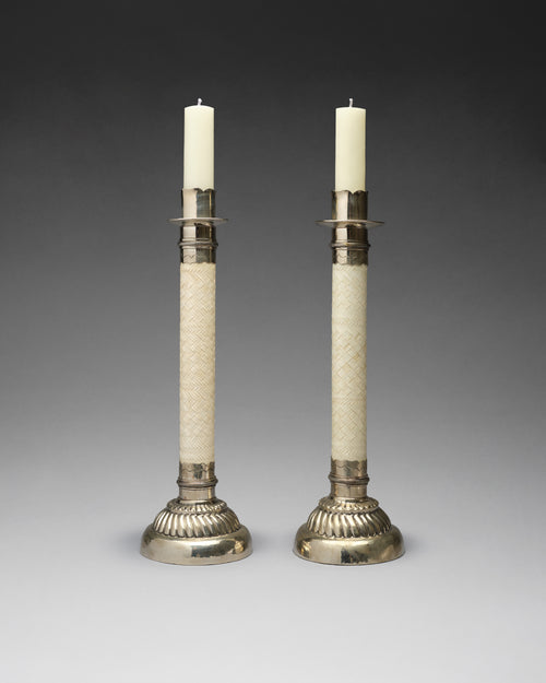 Silver and Leather Candlesticks, Pair