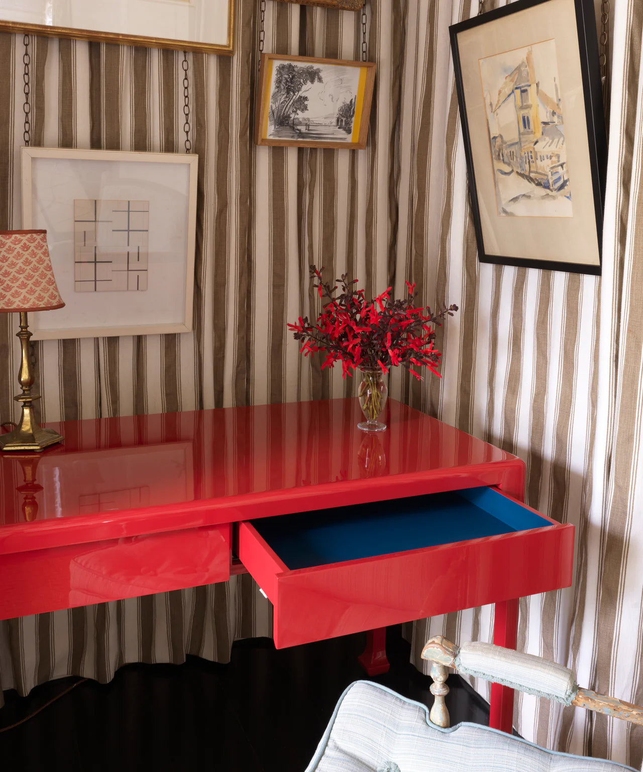 Gazebo Desk | Cinnabar/ Indigo Blue Drawer