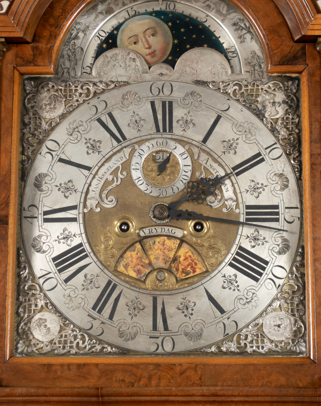 c. 1780 Dutch Revival Figured Walnut Jan Hoogeland Longcase Clock