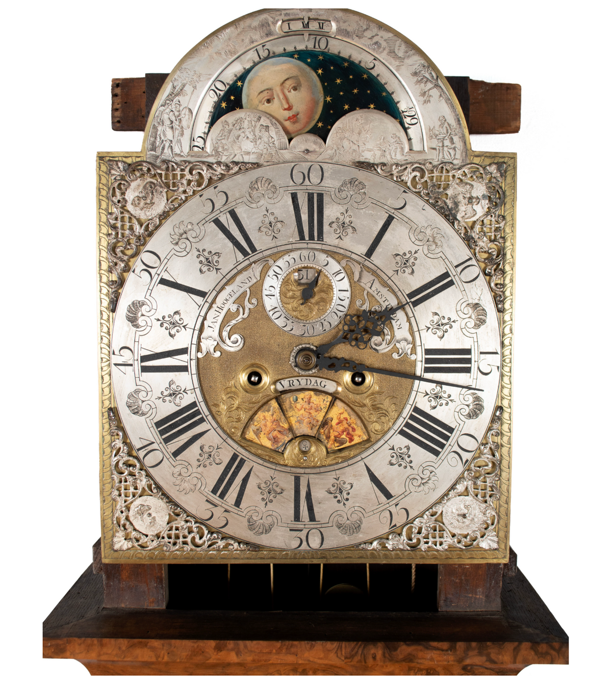c. 1780 Dutch Revival Figured Walnut Jan Hoogeland Longcase Clock