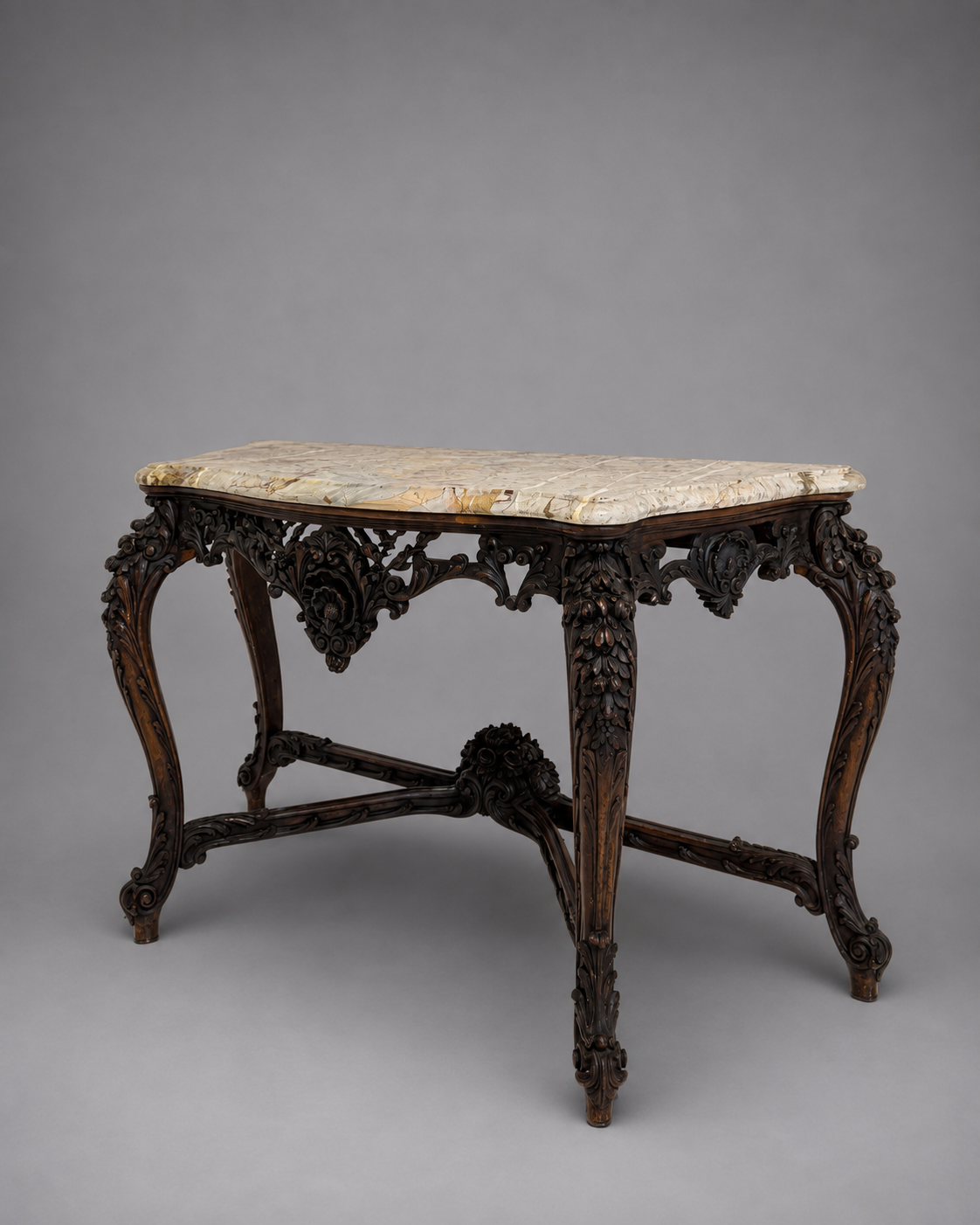 c. 1860s-1880s Italian Carved Walnut Table with Marble Top